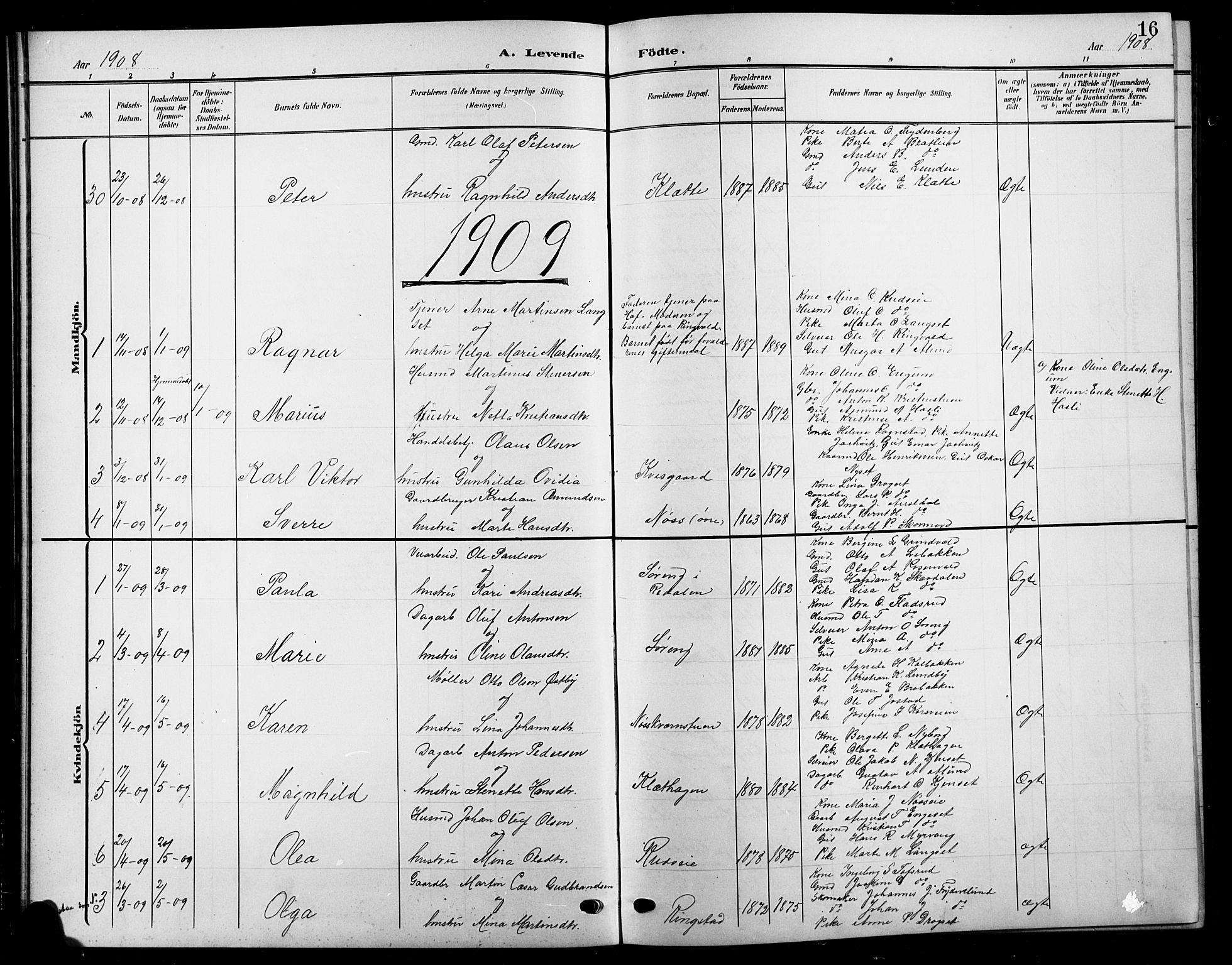 Biri prestekontor, SAH/PREST-096/H/Ha/Hab/L0005: Parish register (copy) no. 5, 1906-1919, p. 16