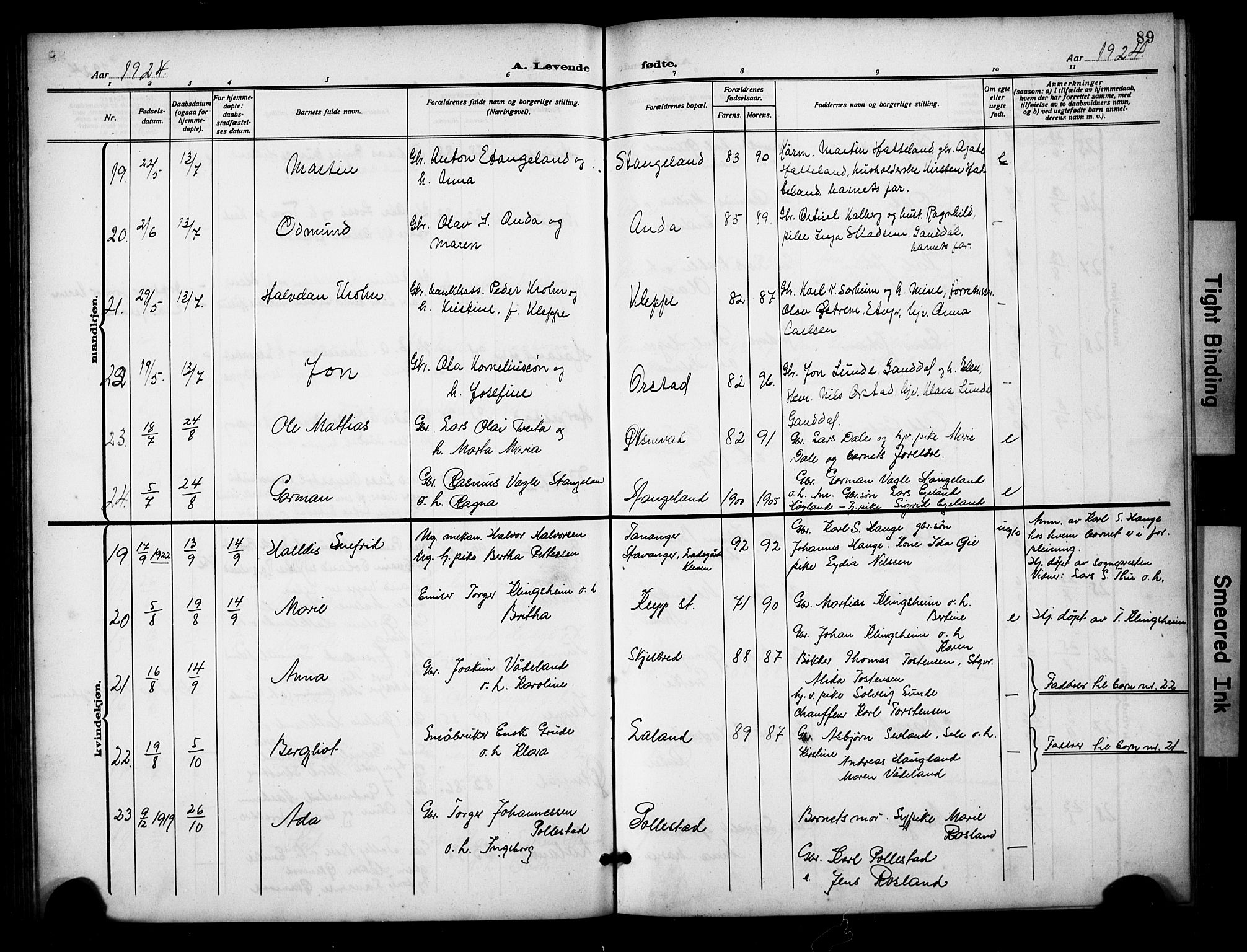 Klepp sokneprestkontor, AV/SAST-A-101803/001/3/30BB/L0007: Parish register (copy) no. B 7, 1908-1934, p. 89