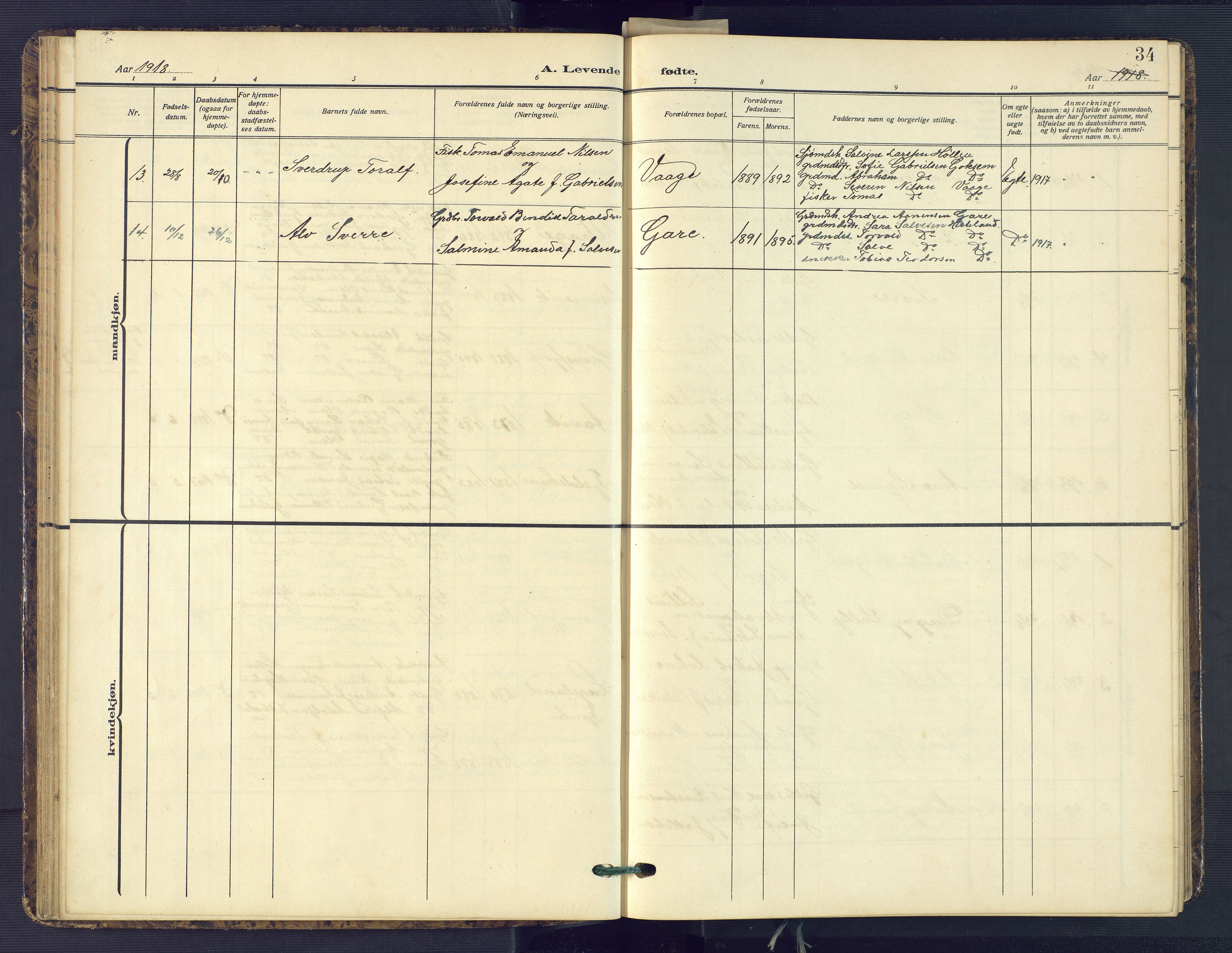 Sør-Audnedal sokneprestkontor, AV/SAK-1111-0039/F/Fb/Fba/L0005: Parish register (copy) no. B 5, 1908-1963, p. 34