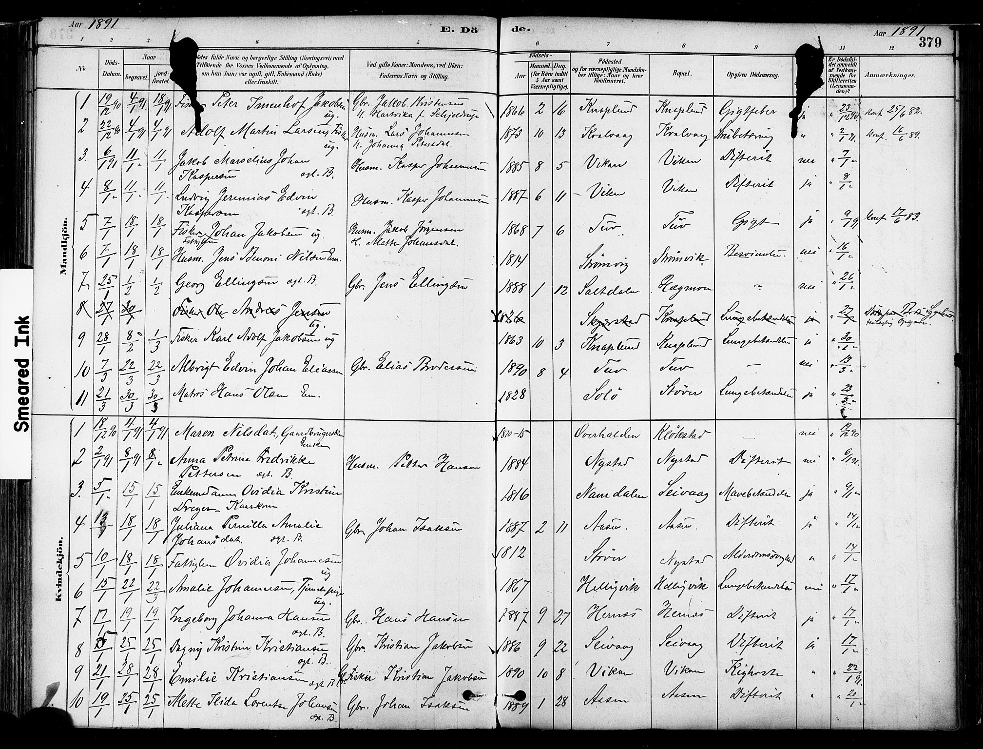 Ministerialprotokoller, klokkerbøker og fødselsregistre - Nordland, SAT/A-1459/802/L0054: Parish register (official) no. 802A01, 1879-1893, p. 379