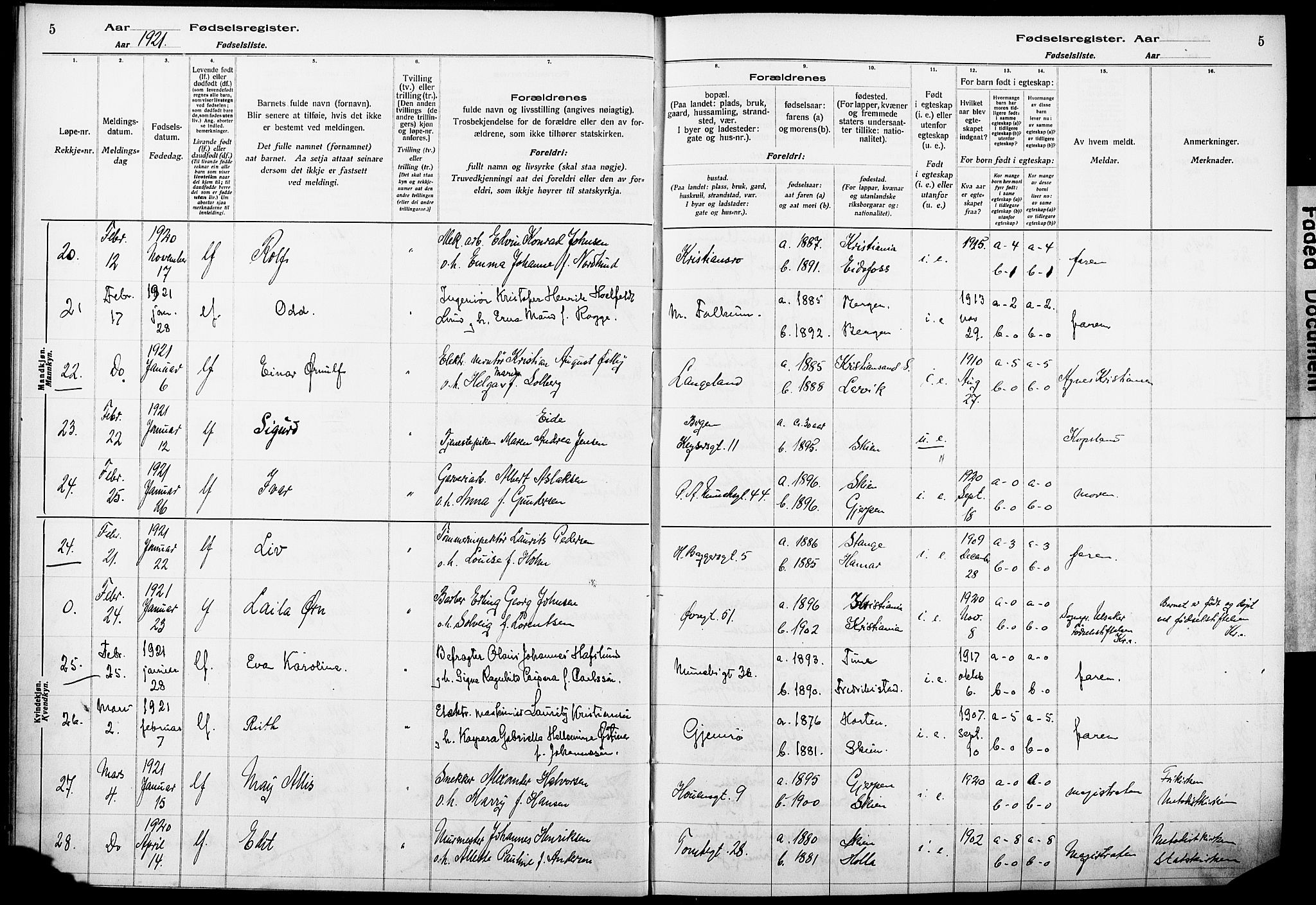 Skien kirkebøker, AV/SAKO-A-302/J/Ja/L0002: Birth register no. 2, 1921-1927, p. 5