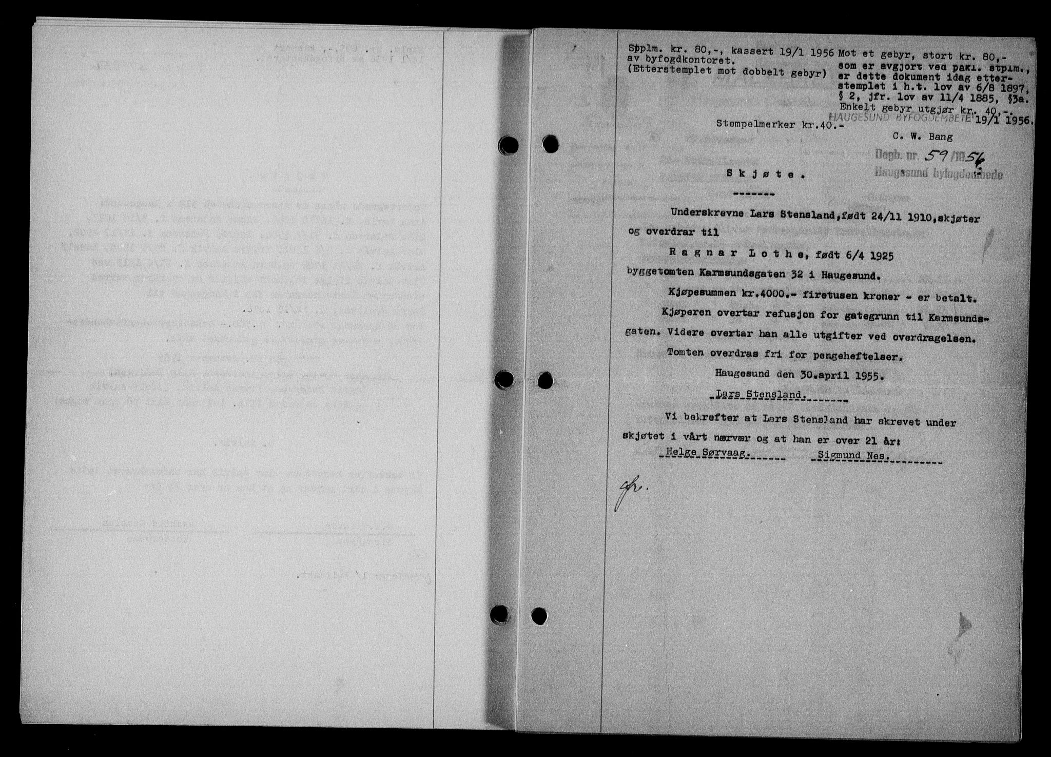 Haugesund tingrett, SAST/A-101415/01/II/IIC/L0067: Mortgage book no. A 8, 1954-1956, Diary no: : 59/1956