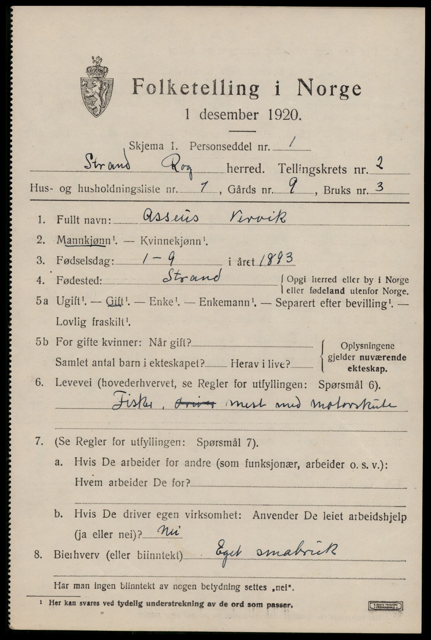 SAST, 1920 census for Strand, 1920, p. 1754