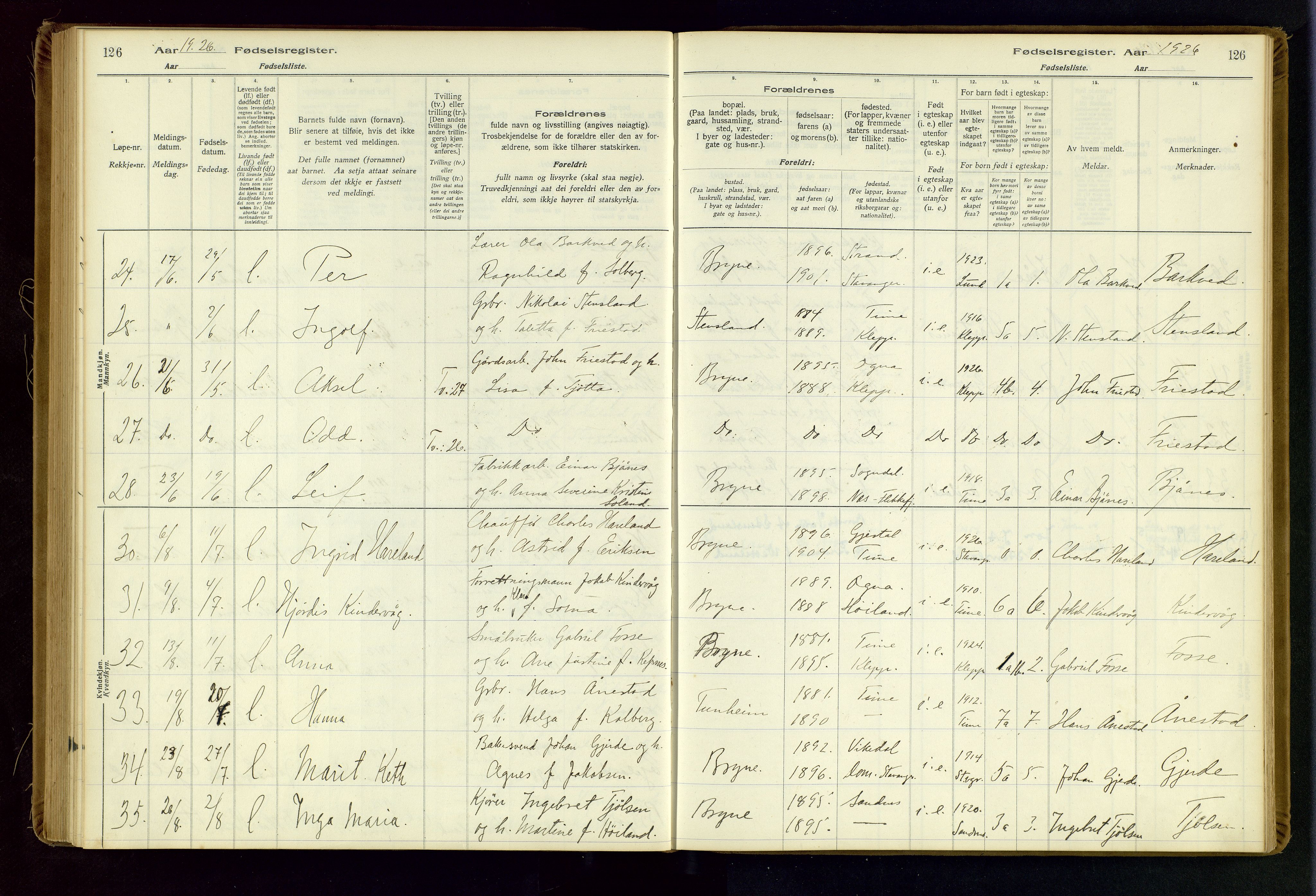 Time sokneprestkontor, AV/SAST-A-101795/001/704BA/L0001: Birth register no. 1, 1916-1934, p. 126