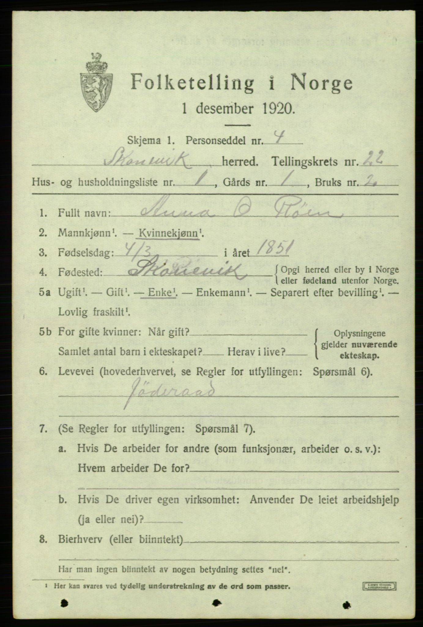 SAB, 1920 census for Skånevik, 1920, p. 8139