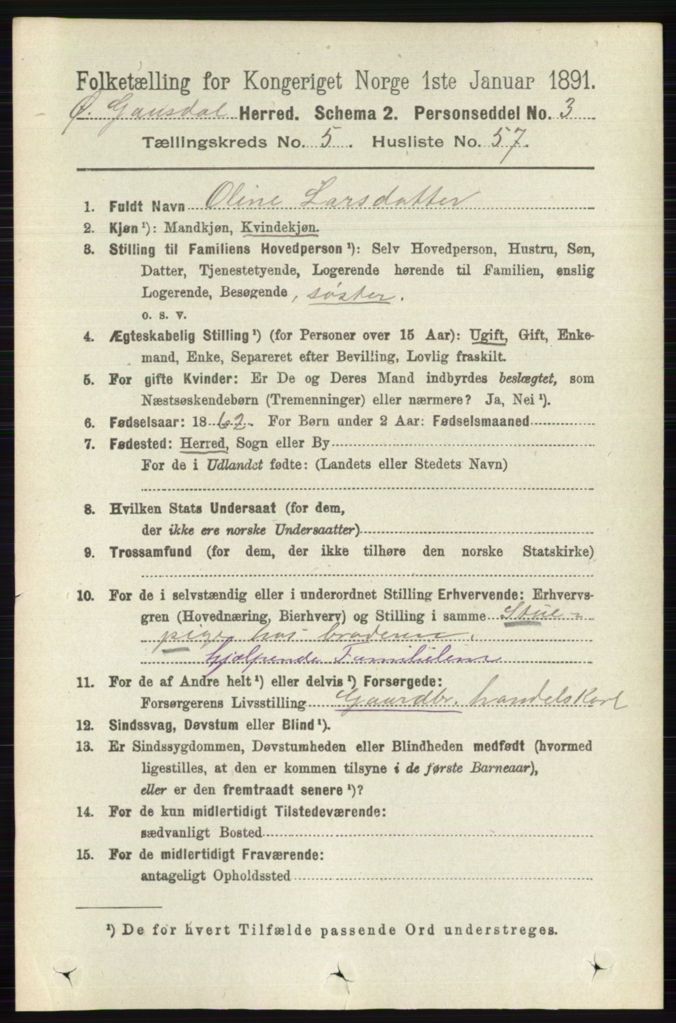 RA, 1891 census for 0522 Østre Gausdal, 1891, p. 3313