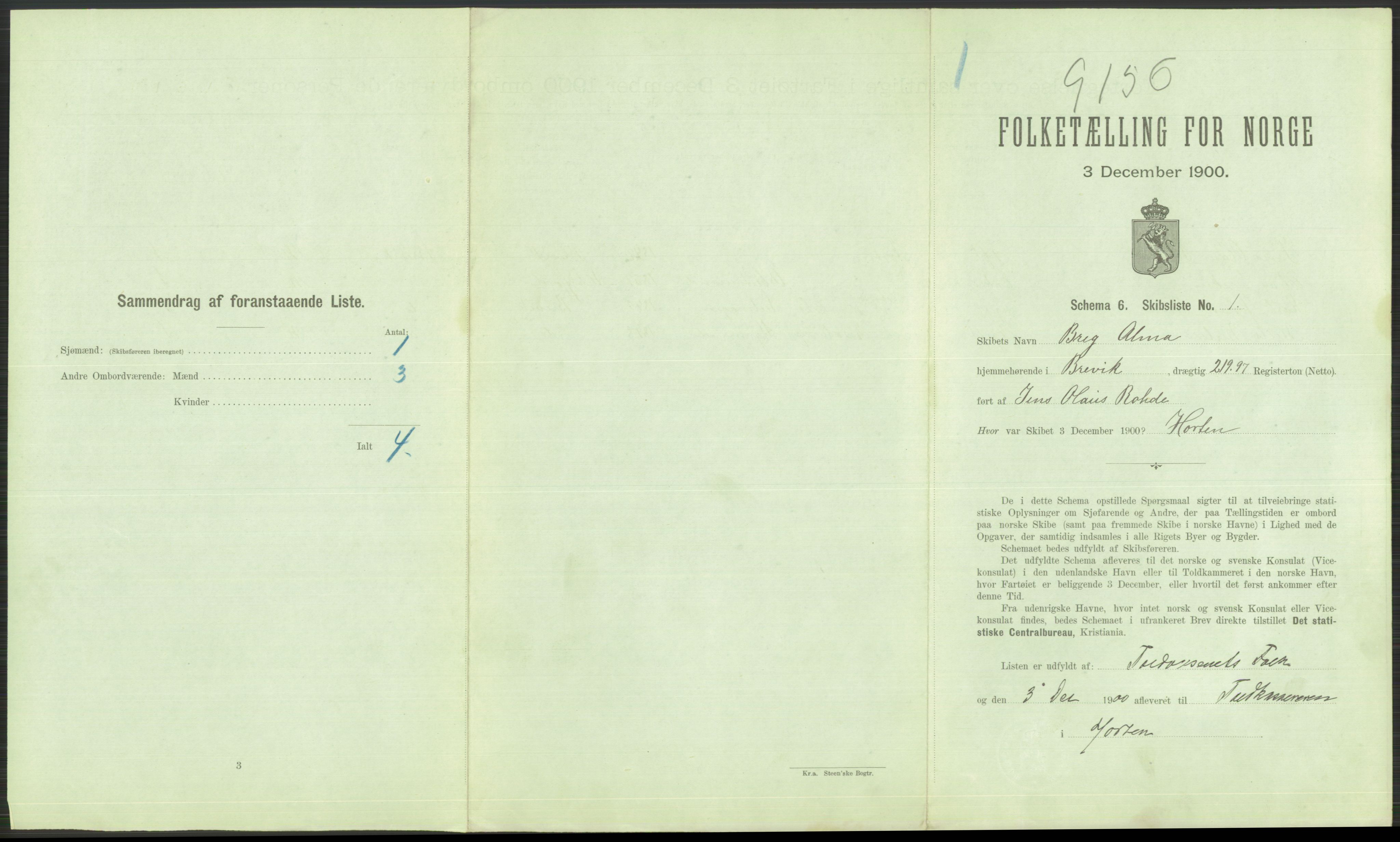 RA, 1900 Census - ship lists from ships in Norwegian harbours, harbours abroad and at sea, 1900, p. 413