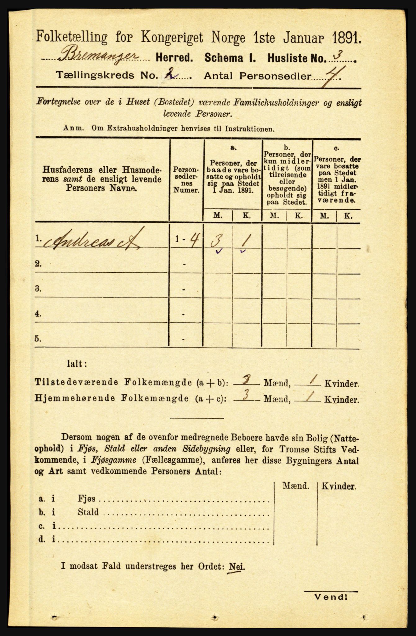 RA, 1891 census for 1438 Bremanger, 1891, p. 614