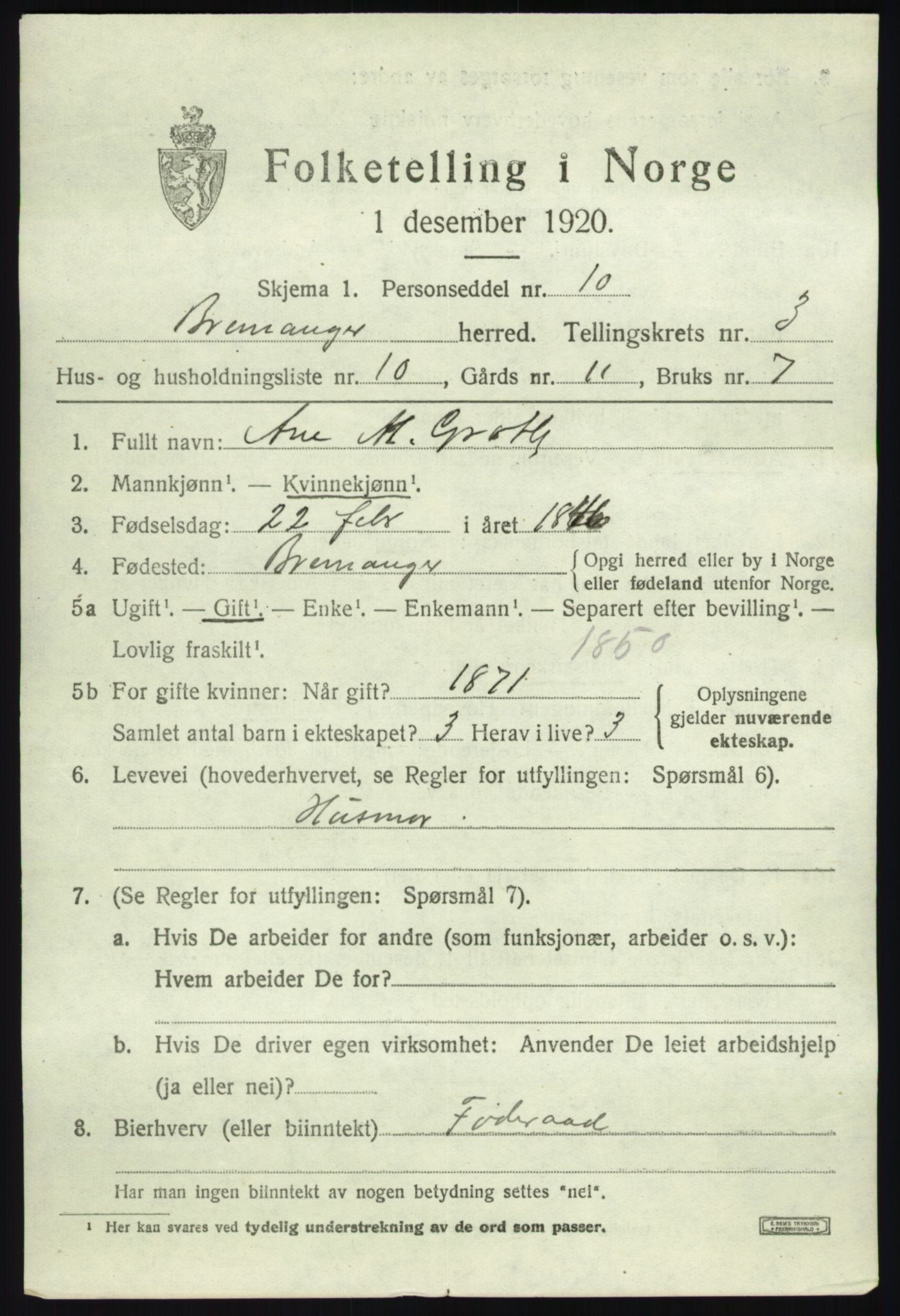 SAB, 1920 census for Bremanger, 1920, p. 2504
