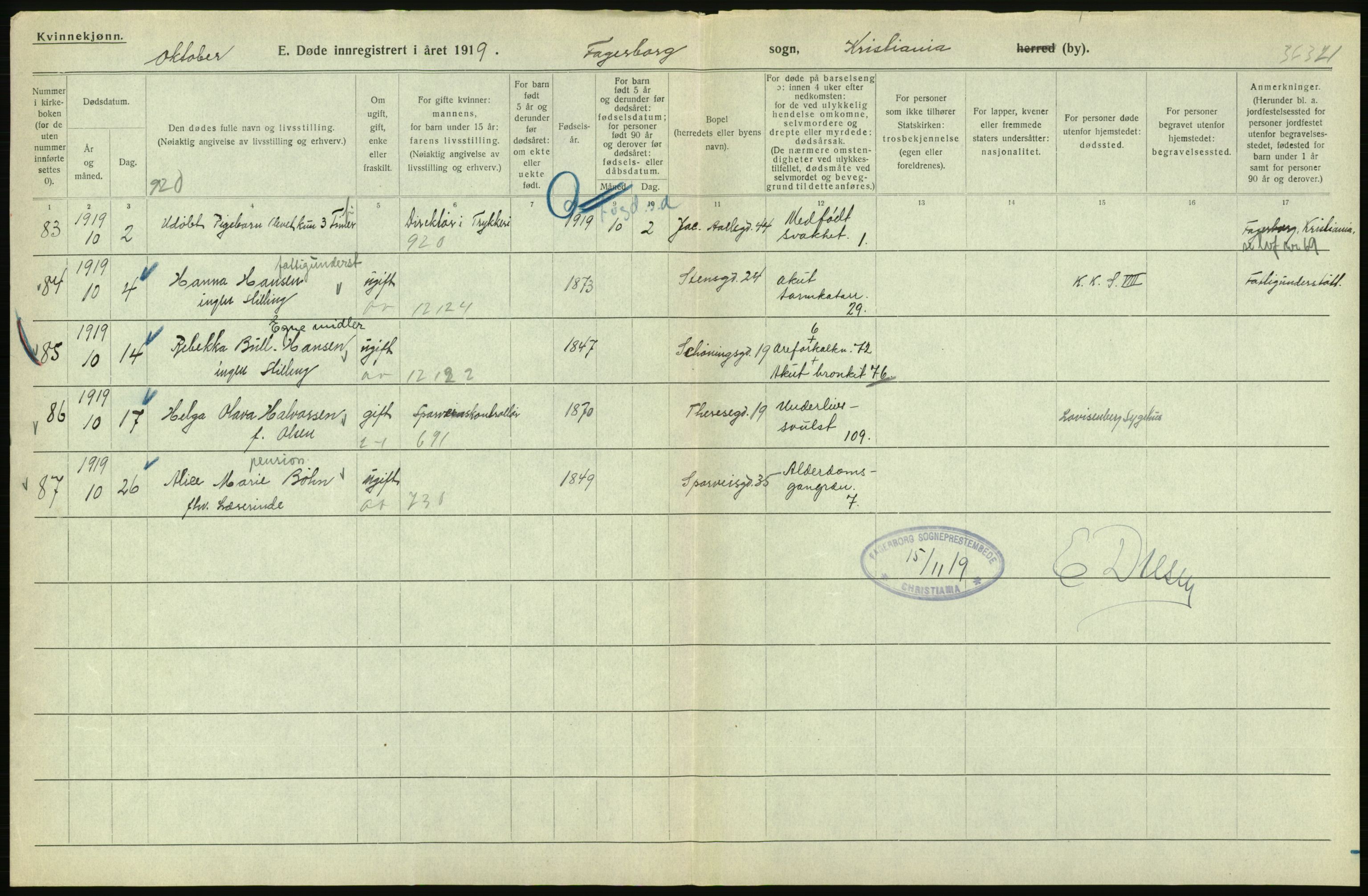 Statistisk sentralbyrå, Sosiodemografiske emner, Befolkning, AV/RA-S-2228/D/Df/Dfb/Dfbi/L0011: Kristiania: Døde, dødfødte, 1919