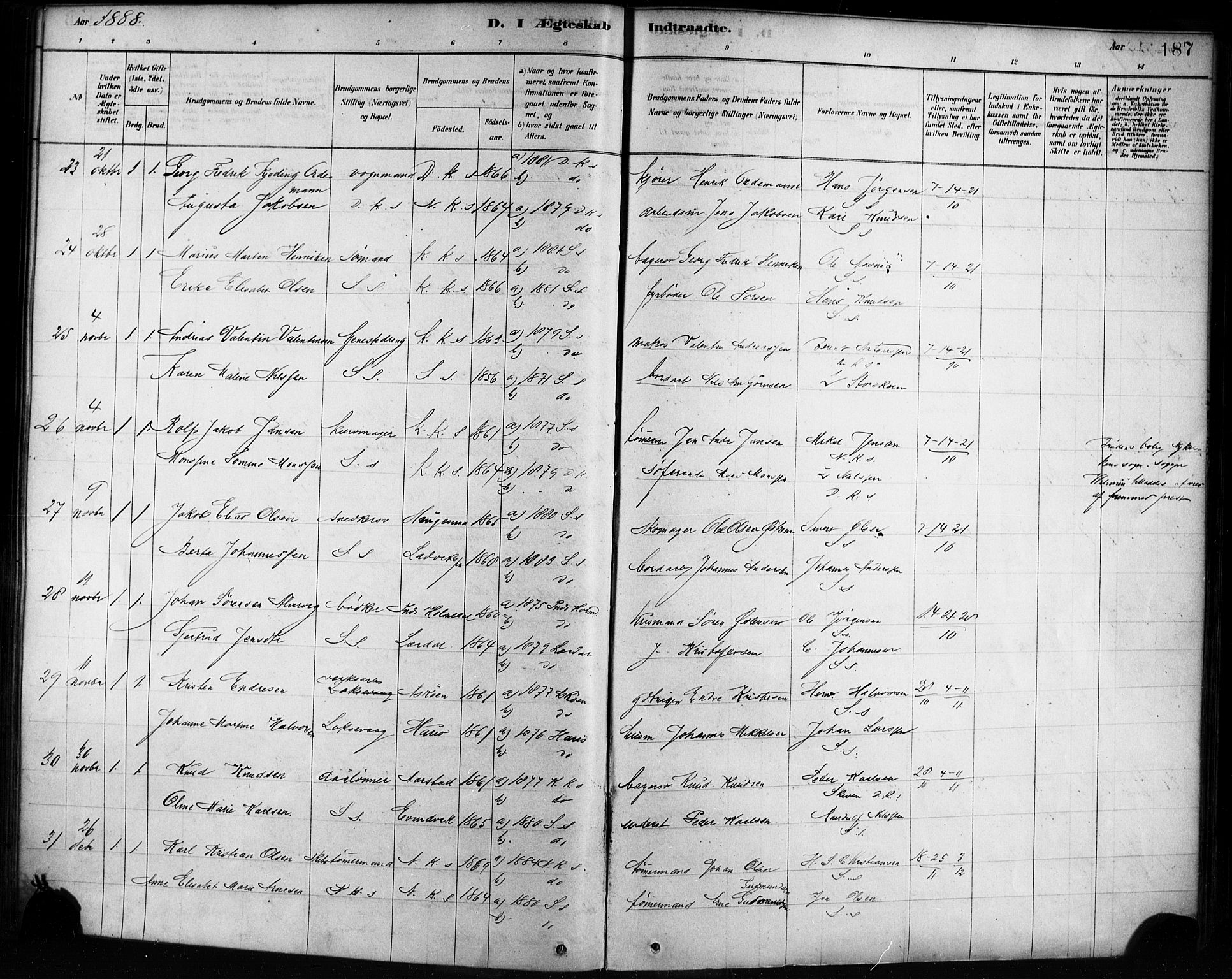 Sandviken Sokneprestembete, AV/SAB-A-77601/H/Ha/L0002: Parish register (official) no. A 2, 1878-1896, p. 187