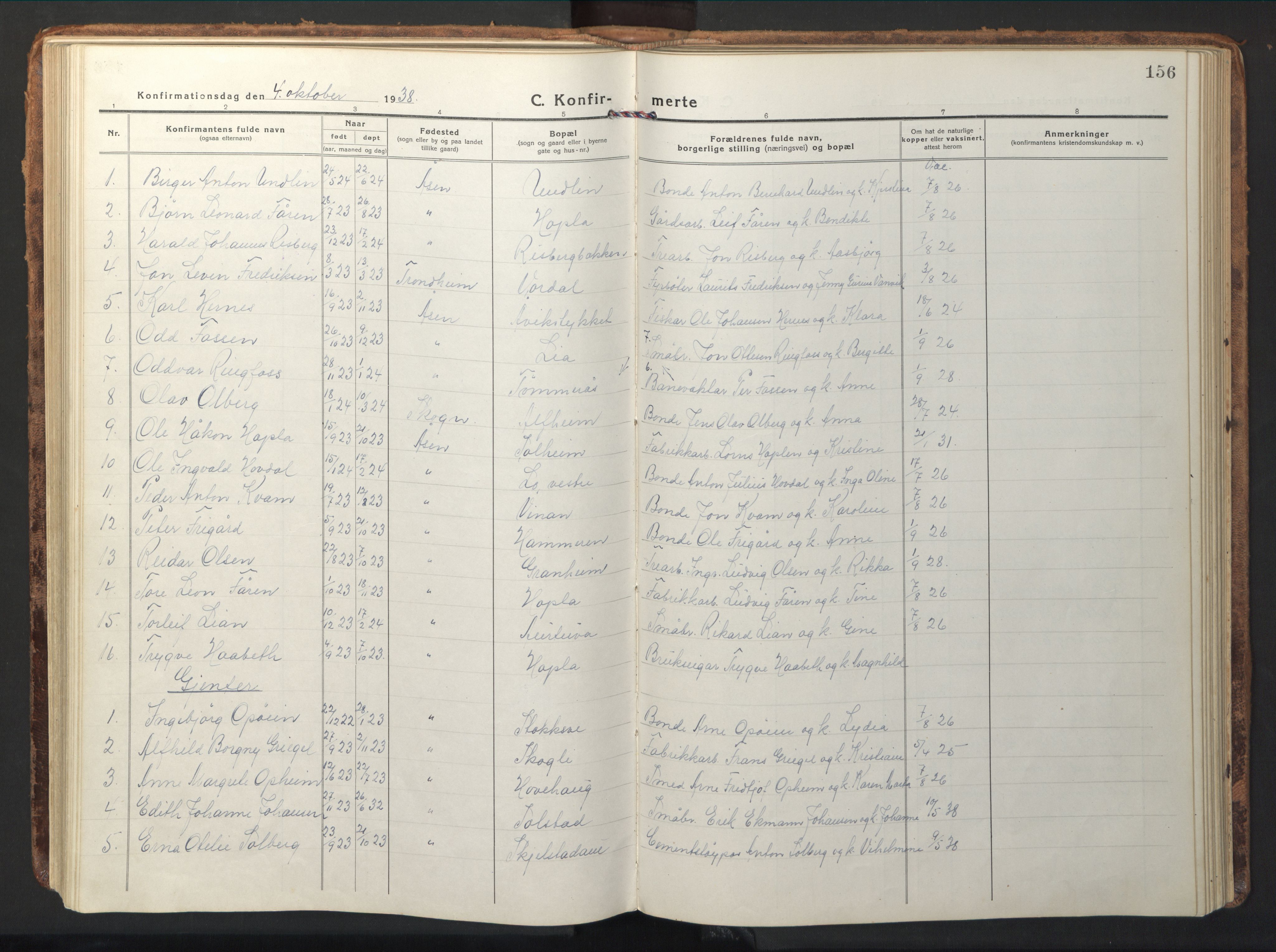 Ministerialprotokoller, klokkerbøker og fødselsregistre - Nord-Trøndelag, AV/SAT-A-1458/714/L0136: Parish register (copy) no. 714C05, 1918-1957, p. 156