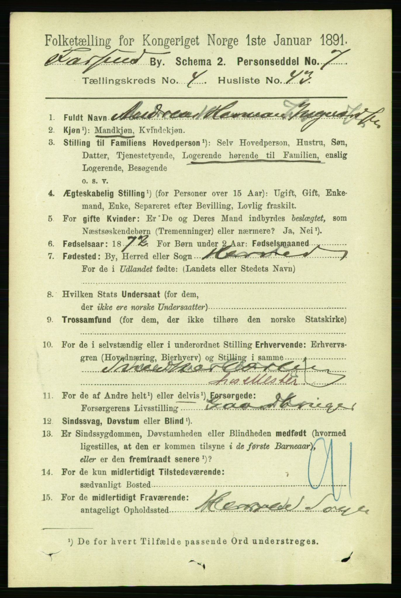 RA, 1891 census for 1003 Farsund, 1891, p. 1942