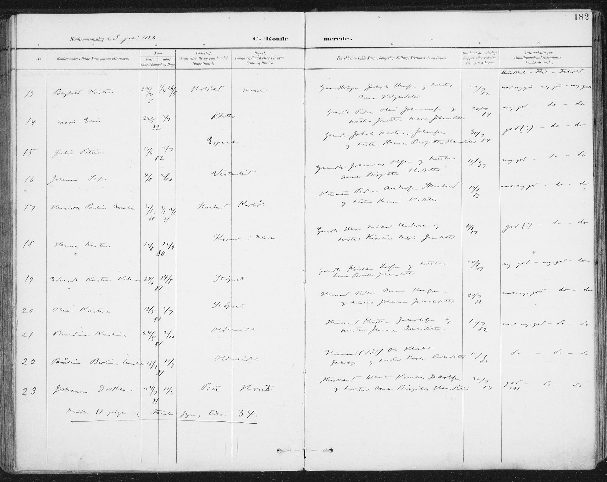 Ministerialprotokoller, klokkerbøker og fødselsregistre - Nordland, AV/SAT-A-1459/852/L0741: Parish register (official) no. 852A11, 1894-1917, p. 182