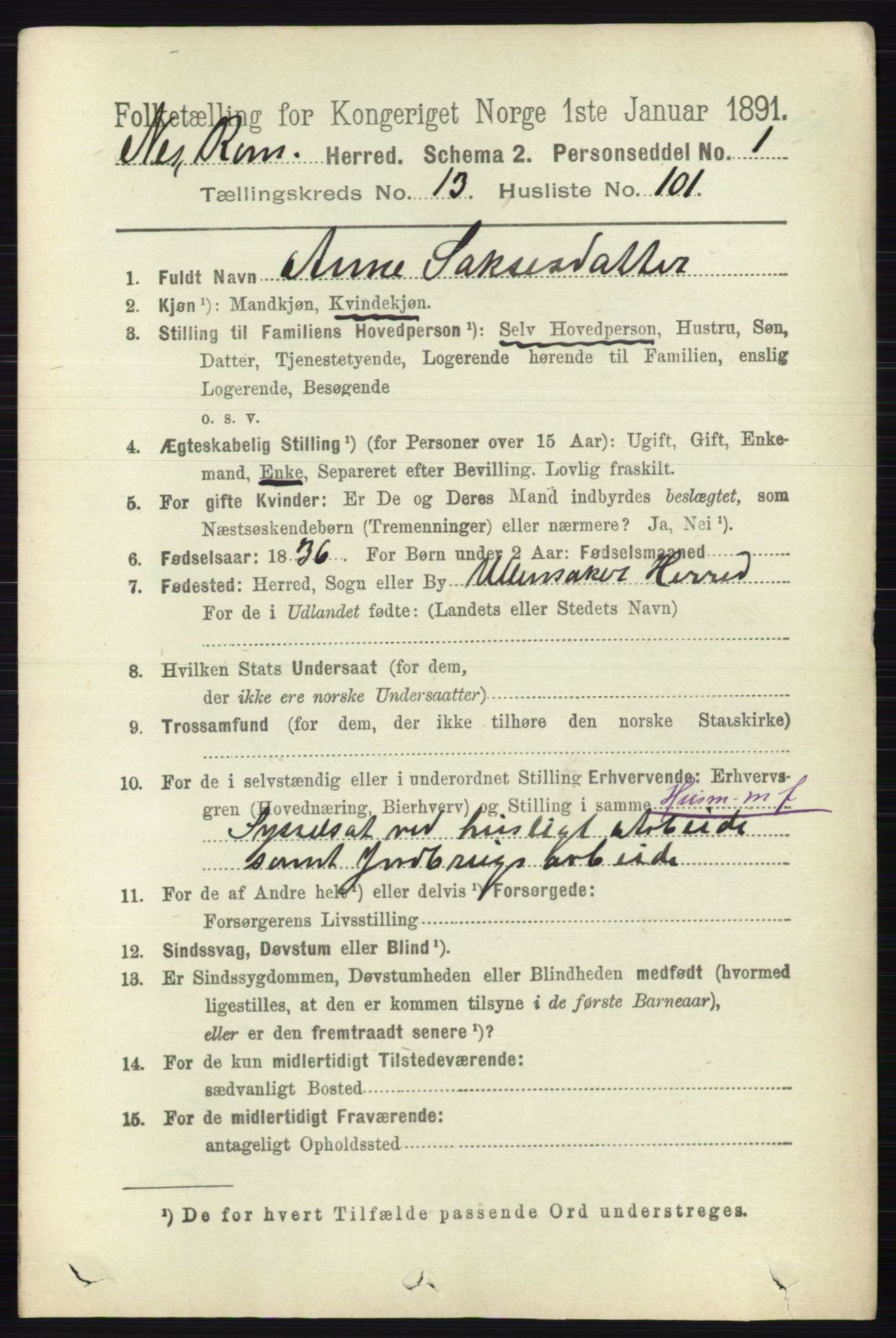 RA, 1891 census for 0236 Nes, 1891, p. 8414