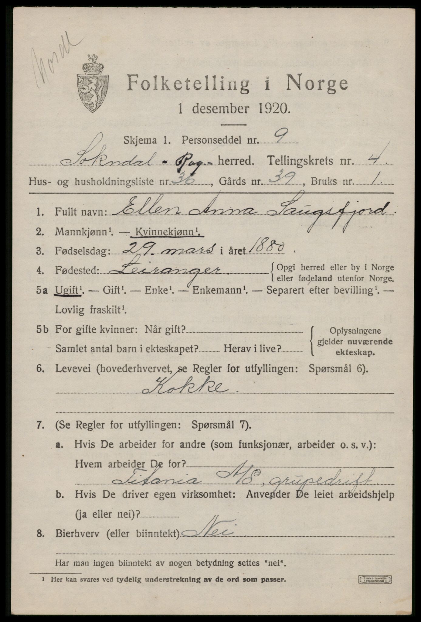 SAST, 1920 census for Sokndal, 1920, p. 3231