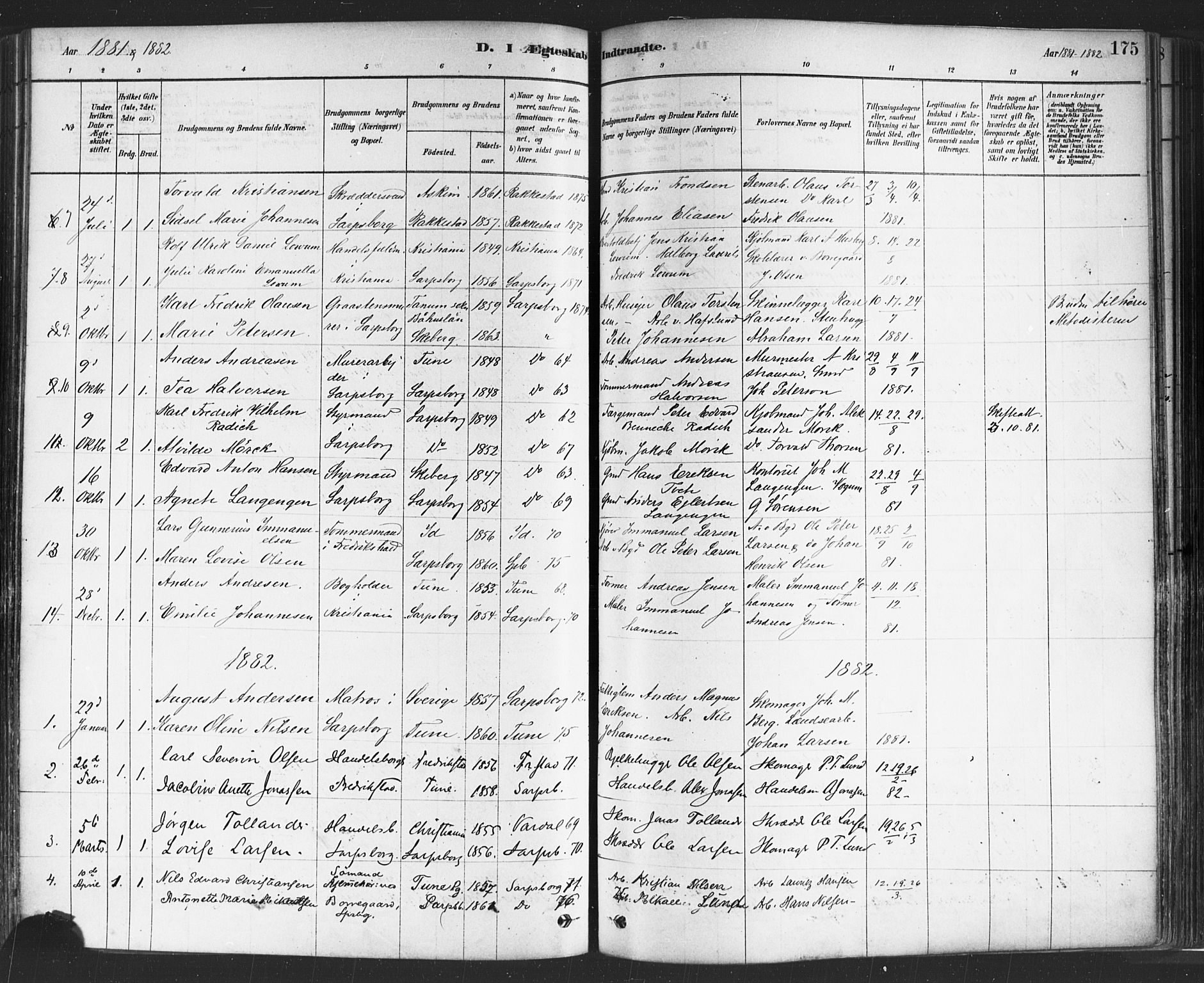 Sarpsborg prestekontor Kirkebøker, SAO/A-2006/F/Fa/L0003: Parish register (official) no. 3, 1878-1891, p. 175