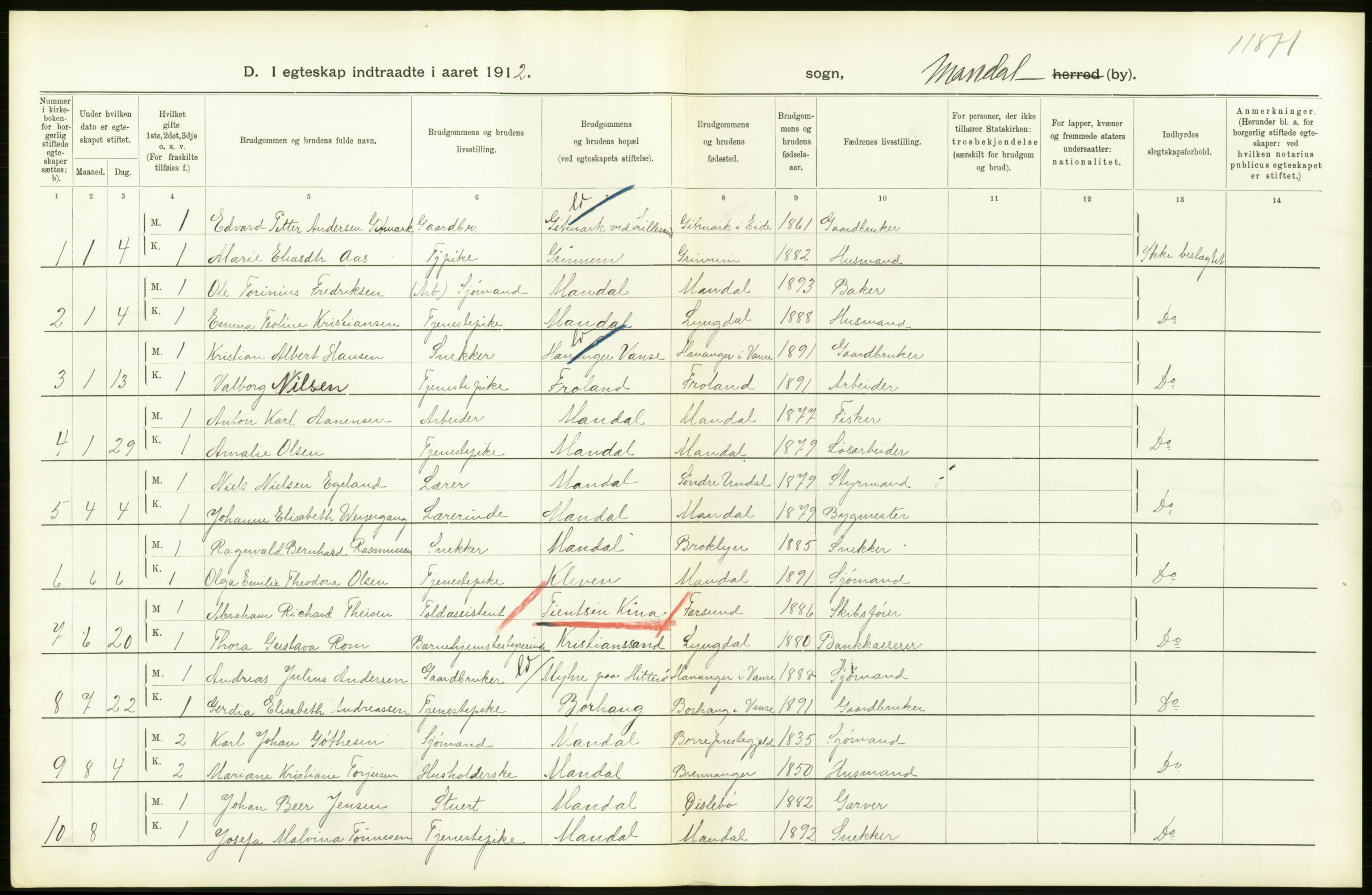 Statistisk sentralbyrå, Sosiodemografiske emner, Befolkning, AV/RA-S-2228/D/Df/Dfb/Dfbb/L0025: Lister og Mandals amt: Gifte, døde, dødfødte. Bygder og byer., 1912, p. 30