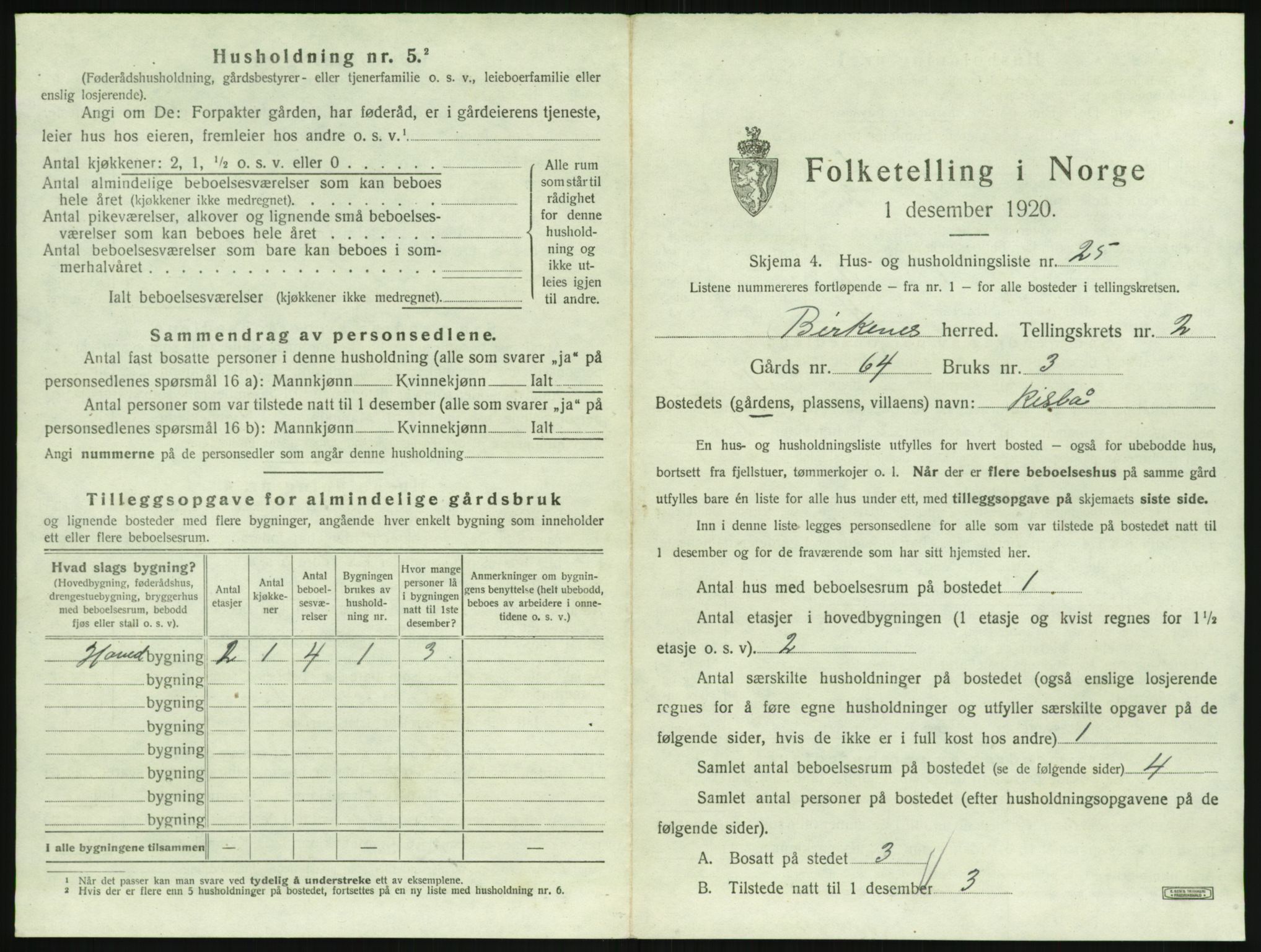 SAK, 1920 census for Birkenes, 1920, p. 137