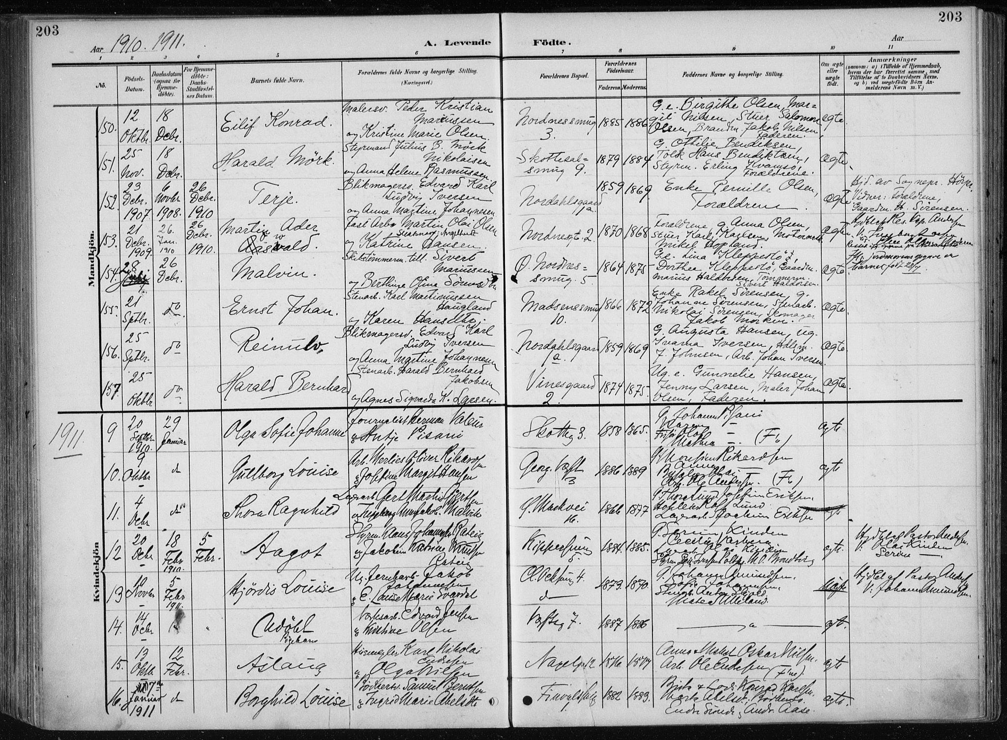 Nykirken Sokneprestembete, AV/SAB-A-77101/H/Haa/L0019: Parish register (official) no. B 7, 1904-1916, p. 203