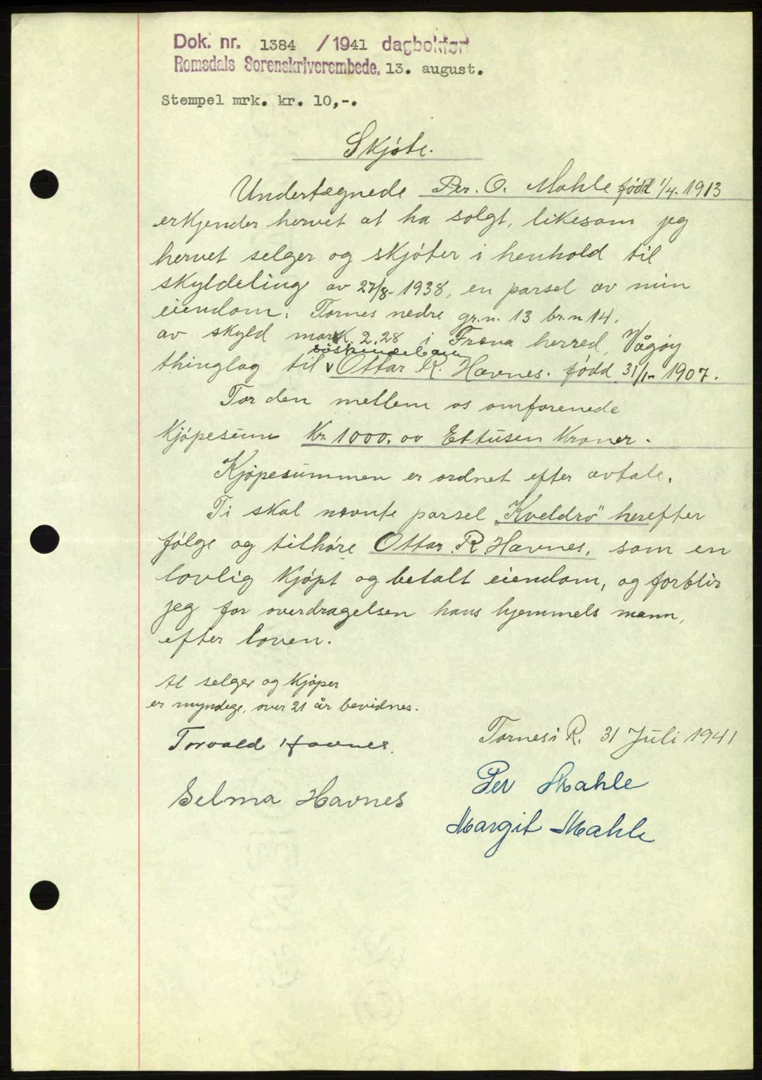 Romsdal sorenskriveri, AV/SAT-A-4149/1/2/2C: Mortgage book no. A10, 1941-1941, Diary no: : 1384/1941