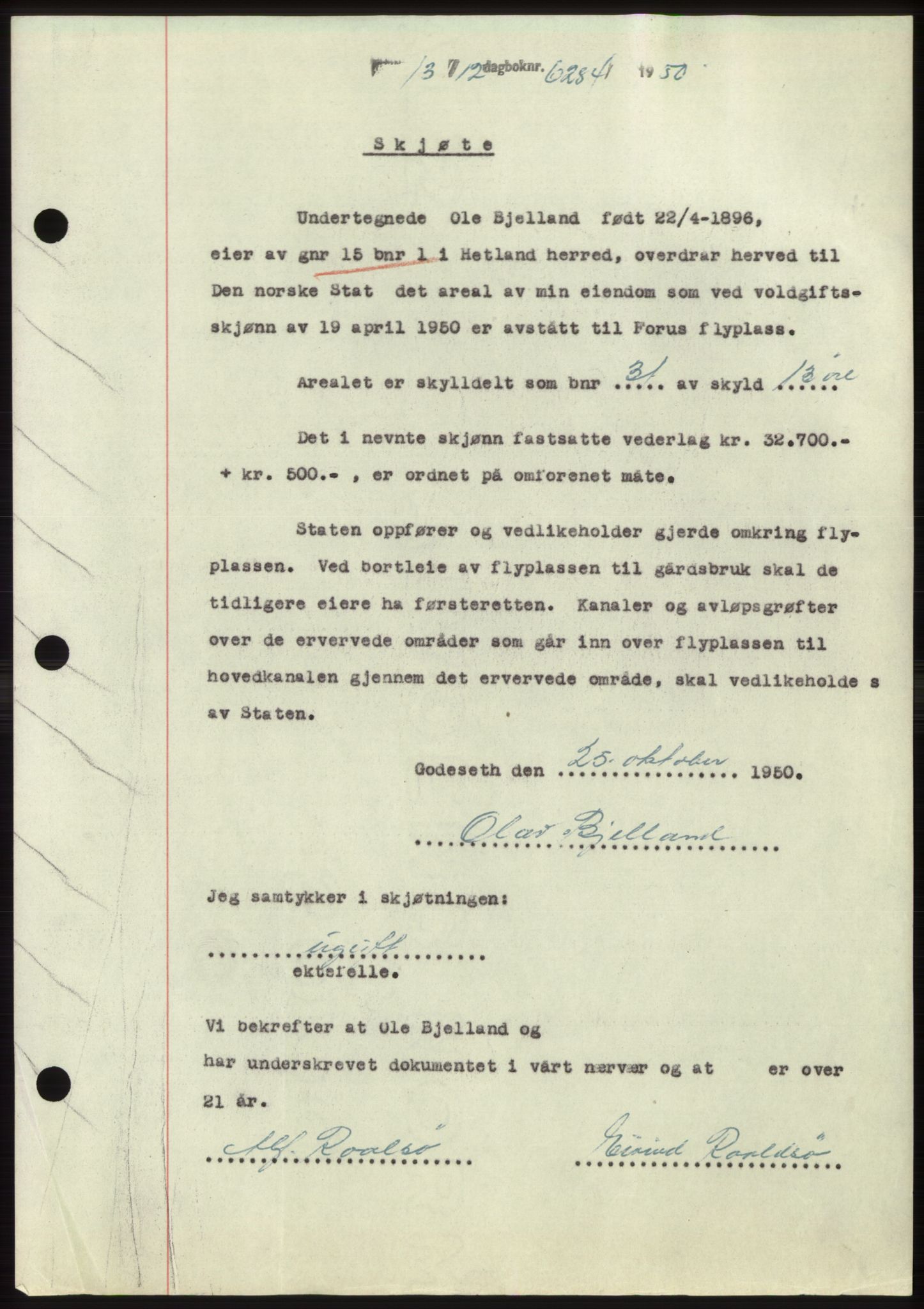 Jæren sorenskriveri, SAST/A-100310/03/G/Gba/L0110: Mortgage book, 1950-1950, Diary no: : 6284/1950