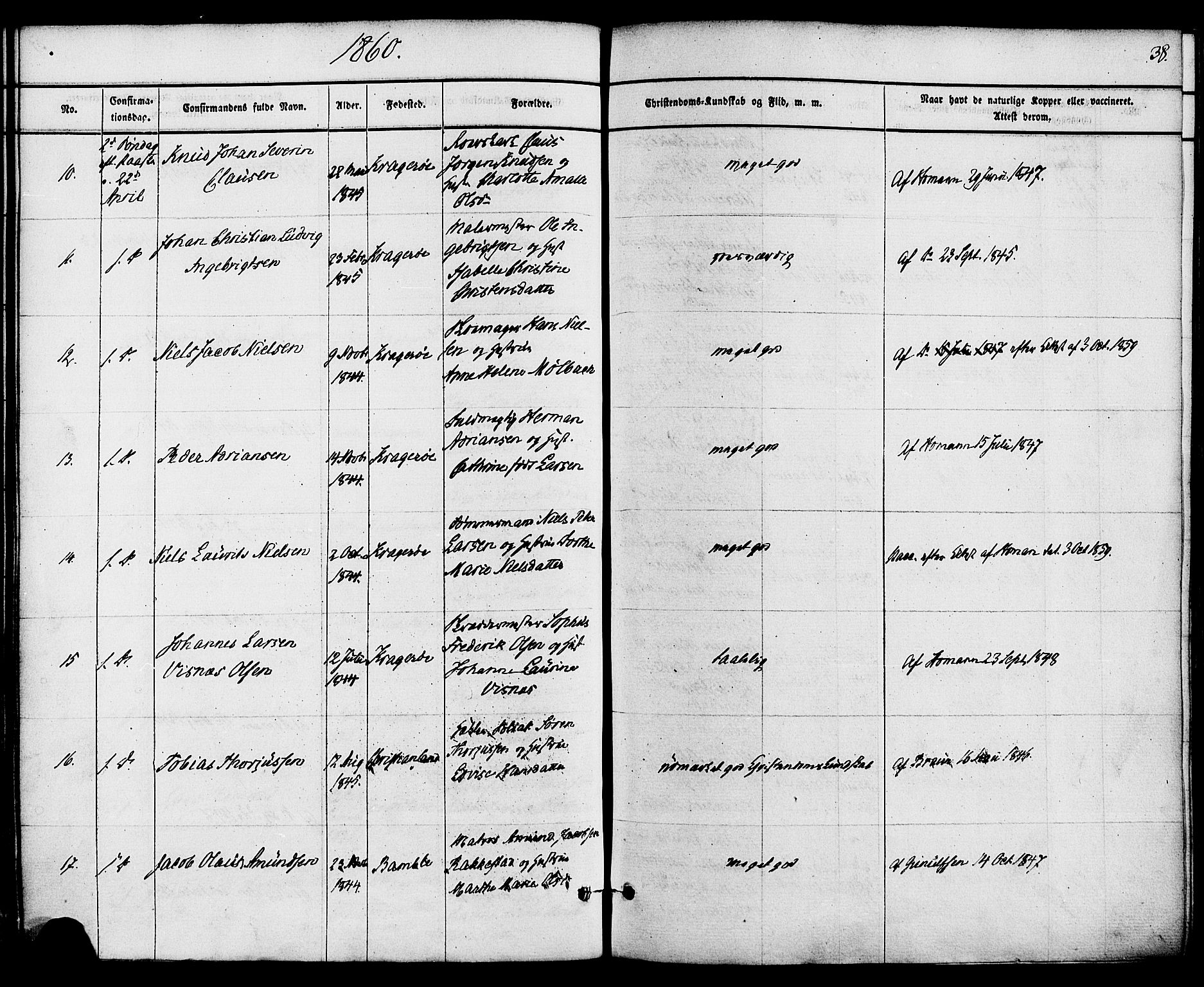 Kragerø kirkebøker, SAKO/A-278/F/Fa/L0008: Parish register (official) no. 8, 1856-1880, p. 38