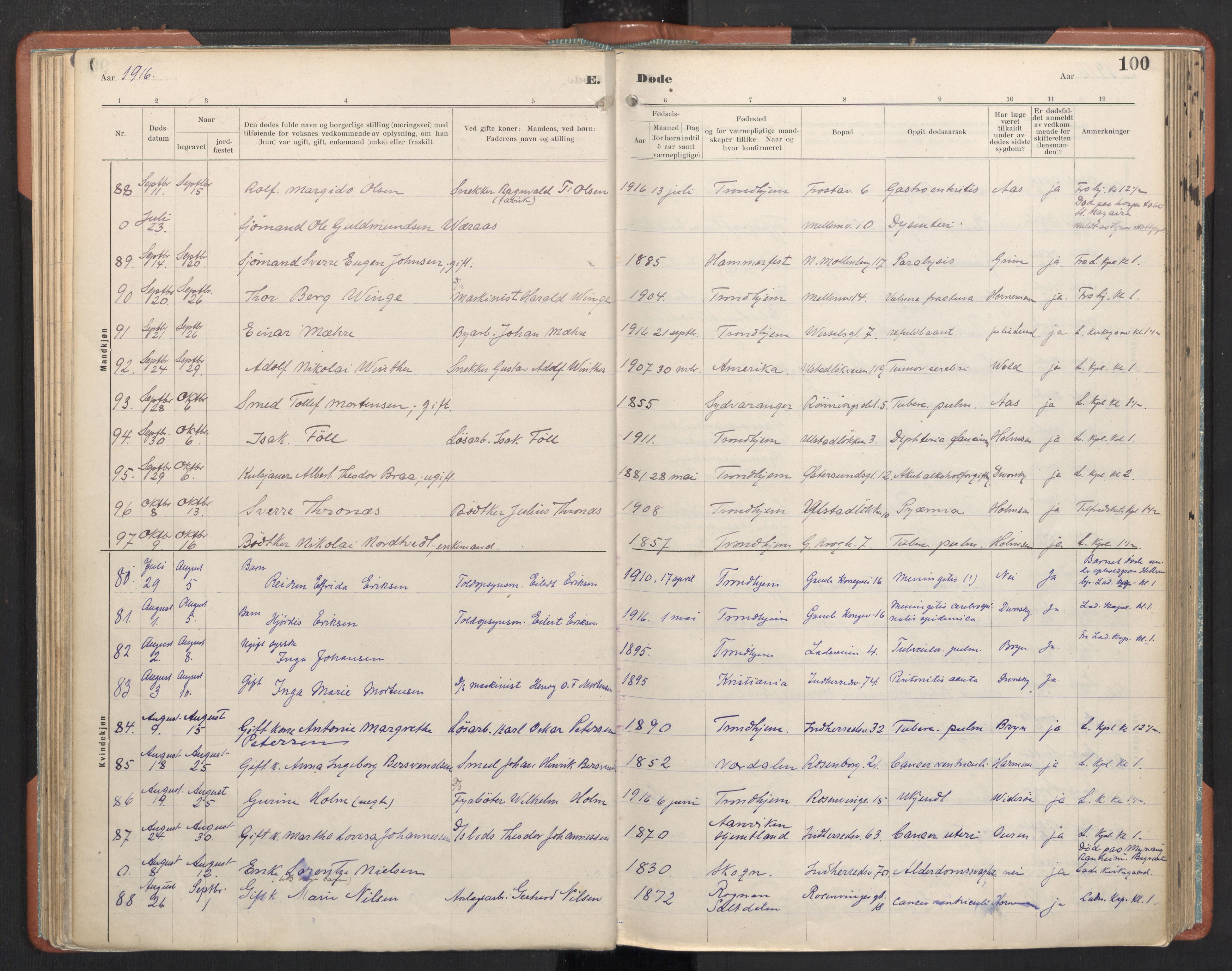 Ministerialprotokoller, klokkerbøker og fødselsregistre - Sør-Trøndelag, SAT/A-1456/605/L0245: Parish register (official) no. 605A07, 1916-1938, p. 100