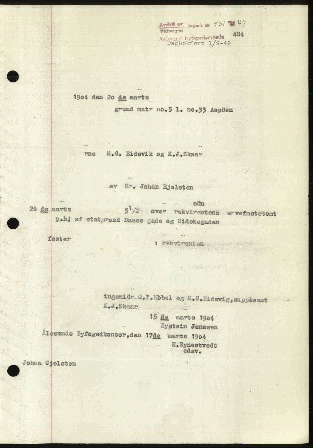 Ålesund byfogd, AV/SAT-A-4384: Mortgage book no. 37A (1), 1947-1949, Diary no: : 461/1949