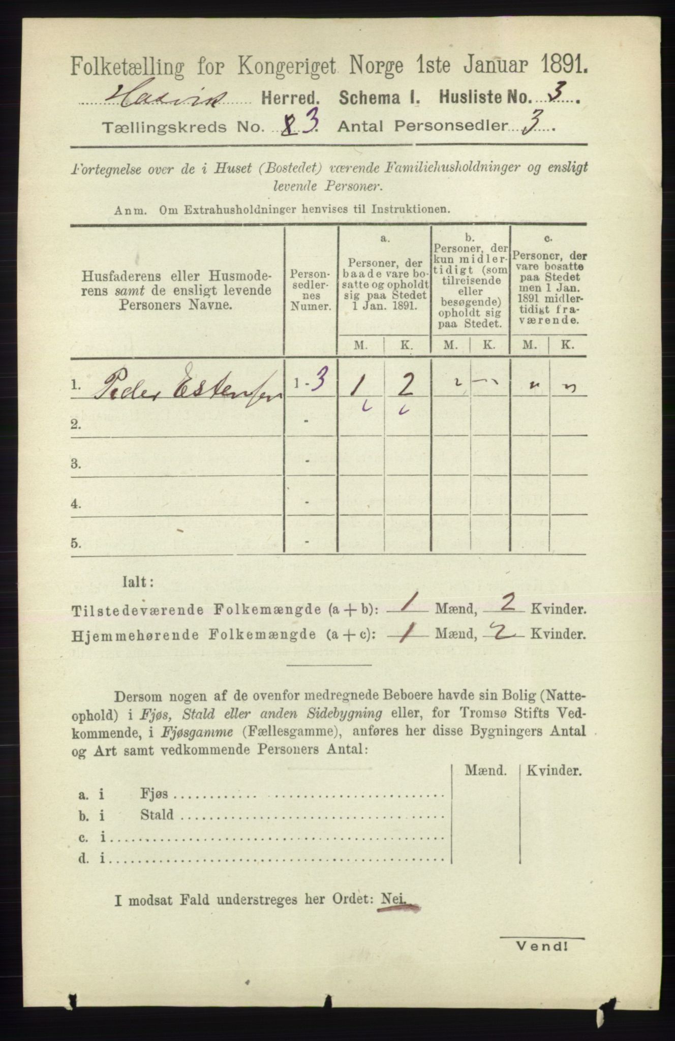 RA, 1891 census for 2015 Hasvik, 1891, p. 391