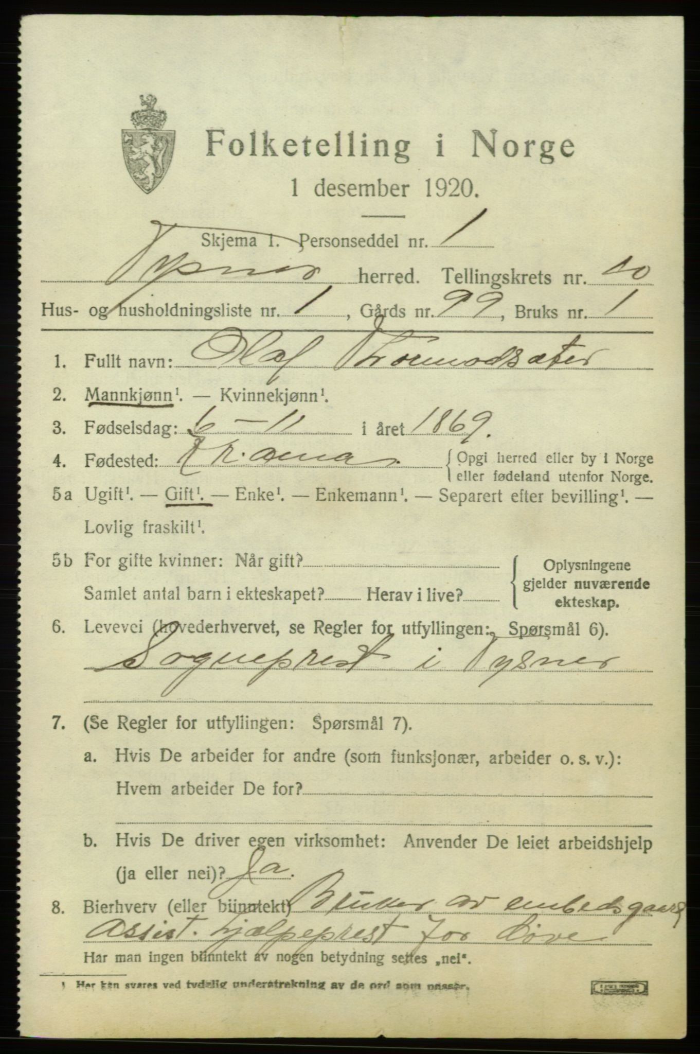 SAB, 1920 census for Tysnes, 1920, p. 7210