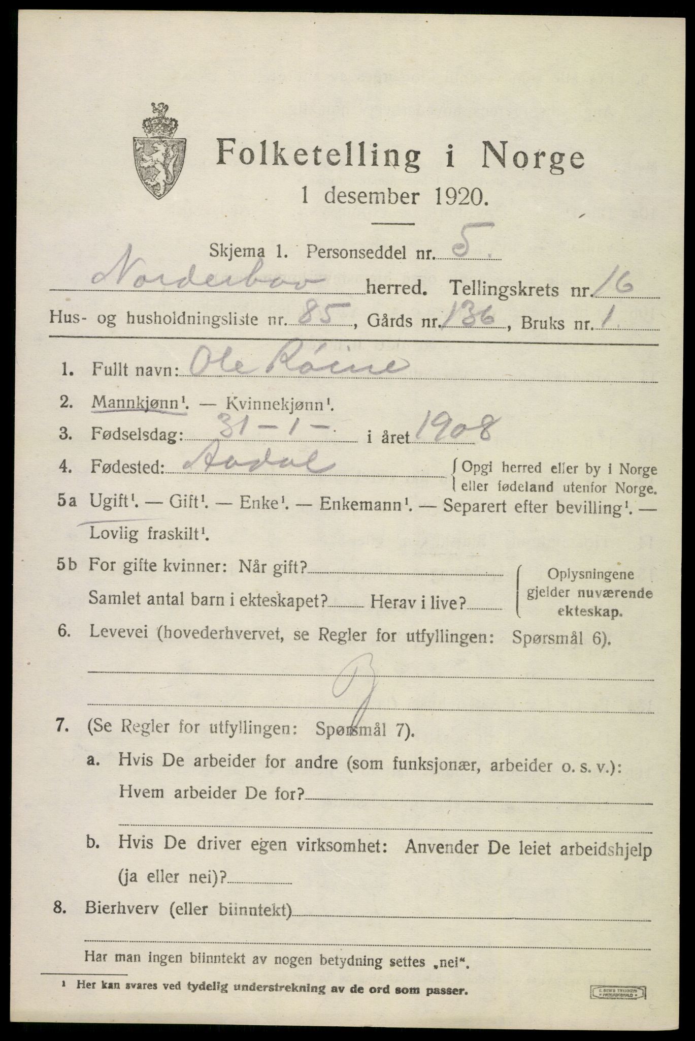 SAKO, 1920 census for Norderhov, 1920, p. 18498