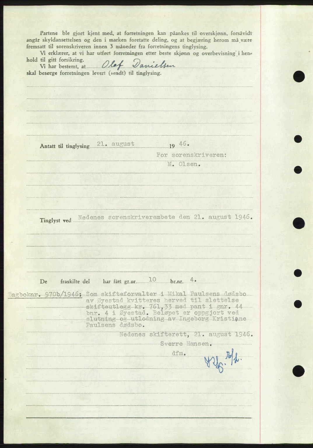 Nedenes sorenskriveri, AV/SAK-1221-0006/G/Gb/Gba/L0055: Mortgage book no. A7, 1946-1946, Diary no: : 970/1946