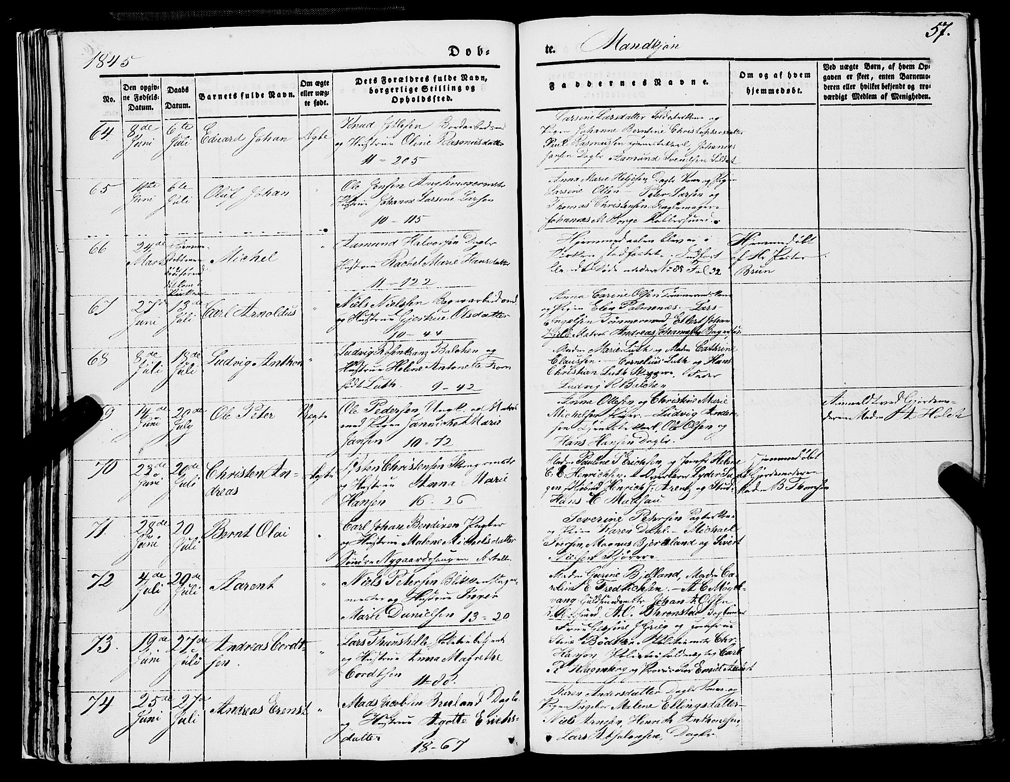 Domkirken sokneprestembete, AV/SAB-A-74801/H/Haa/L0019: Parish register (official) no. B 2, 1841-1851, p. 57