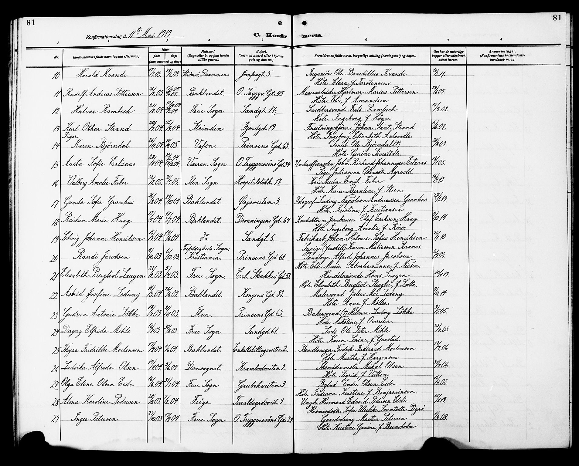 Ministerialprotokoller, klokkerbøker og fødselsregistre - Sør-Trøndelag, SAT/A-1456/602/L0147: Parish register (copy) no. 602C15, 1911-1924, p. 81