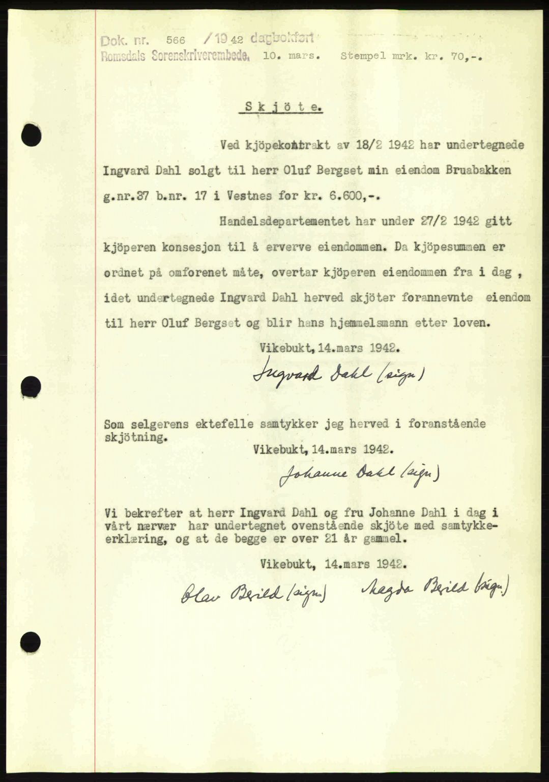 Romsdal sorenskriveri, AV/SAT-A-4149/1/2/2C: Mortgage book no. A12, 1942-1942, Diary no: : 566/1942