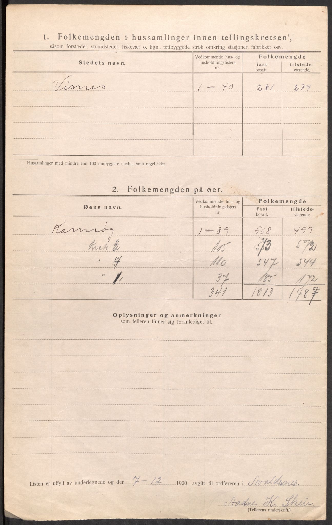 SAST, 1920 census for Avaldsnes, 1920, p. 13