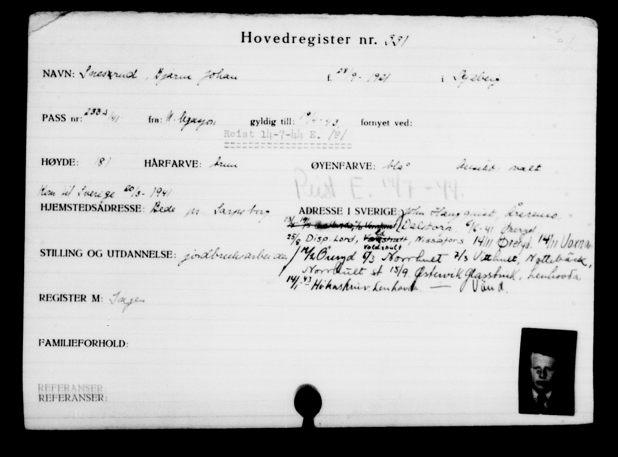 Utenriksstasjonene, Legasjonen i Stockholm, Flyktningkontoret, AV/RA-S-6753/V/Va/L0001: Kjesäterkartoteket, flyktninger med registreringsnr. 1-1000, 1940-1945, p. 528