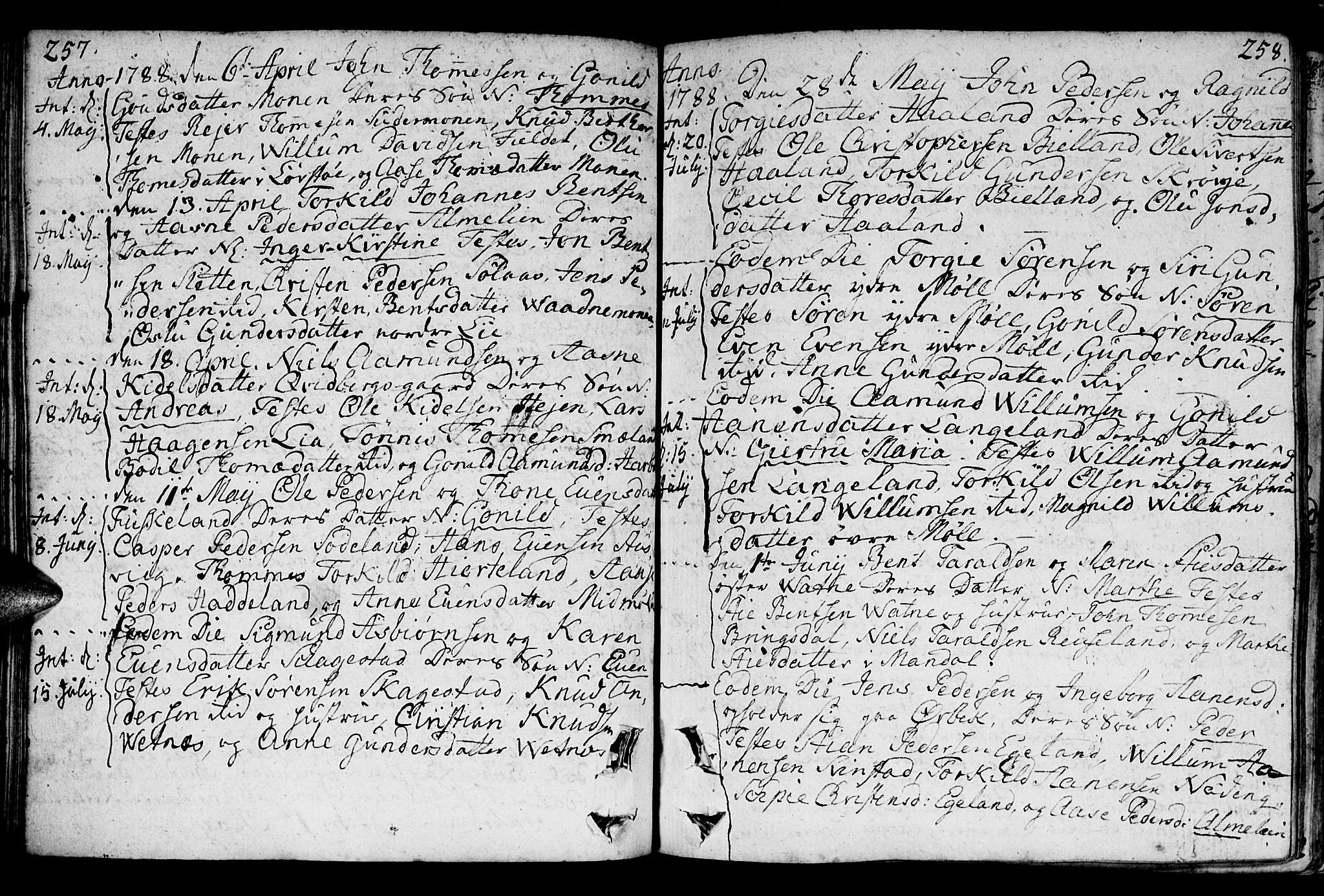 Holum sokneprestkontor, AV/SAK-1111-0022/F/Fa/Faa/L0003: Parish register (official) no. A 3, 1780-1821, p. 257-258