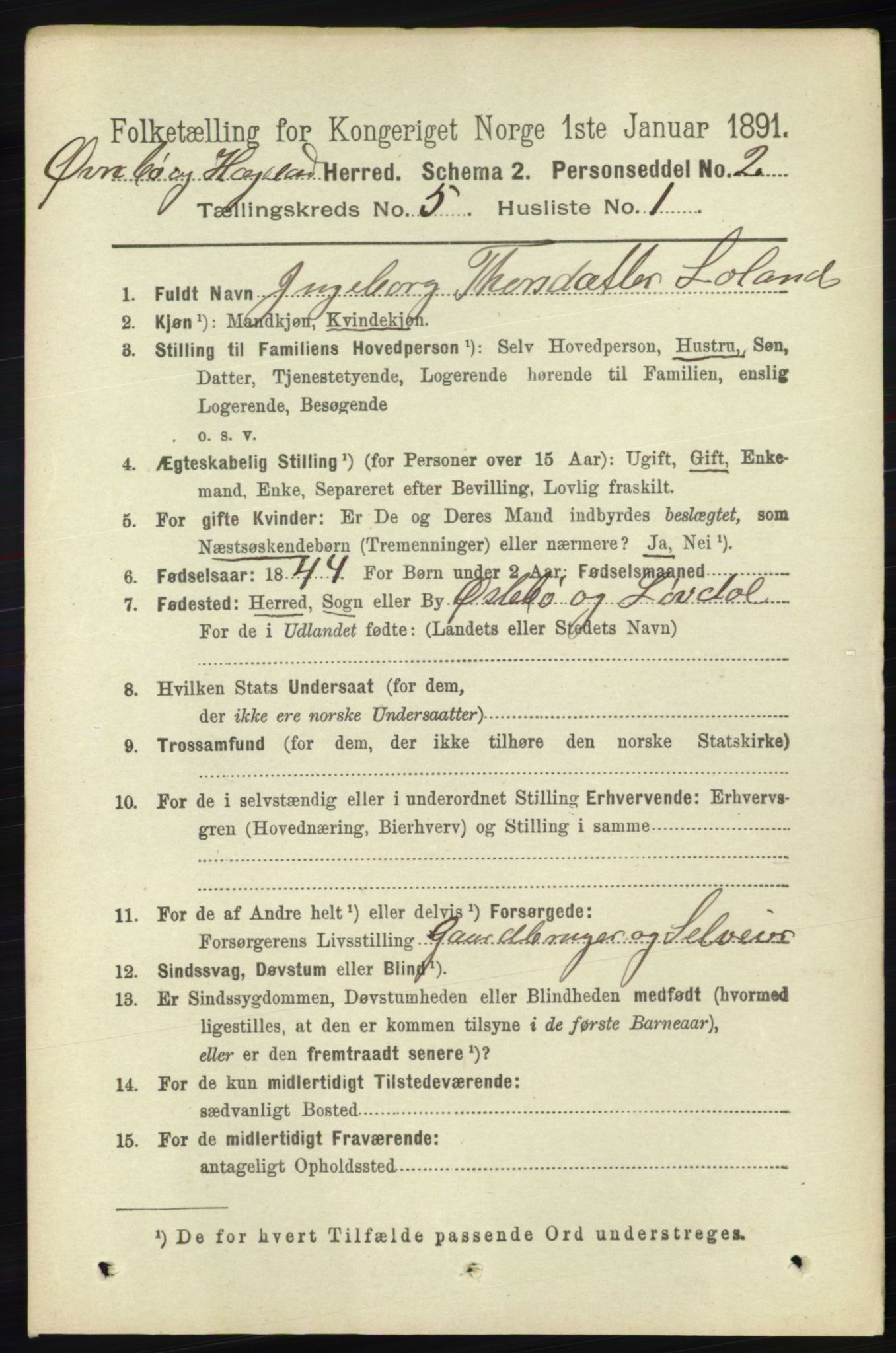 RA, 1891 census for 1016 Øvrebø og Hægeland, 1891, p. 943