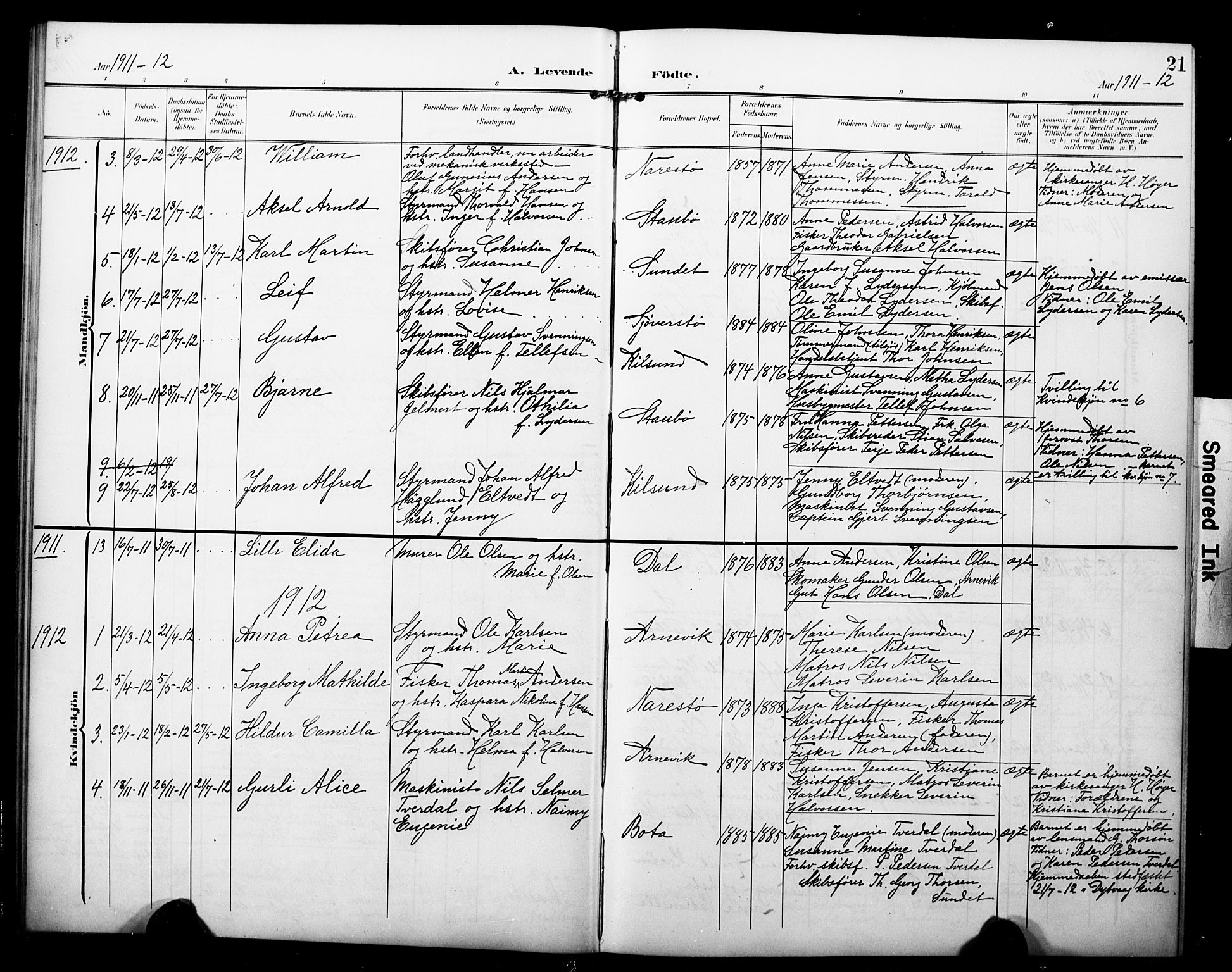 Dypvåg sokneprestkontor, AV/SAK-1111-0007/F/Fb/Fbb/L0005: Parish register (copy) no. B 5, 1905-1924, p. 21