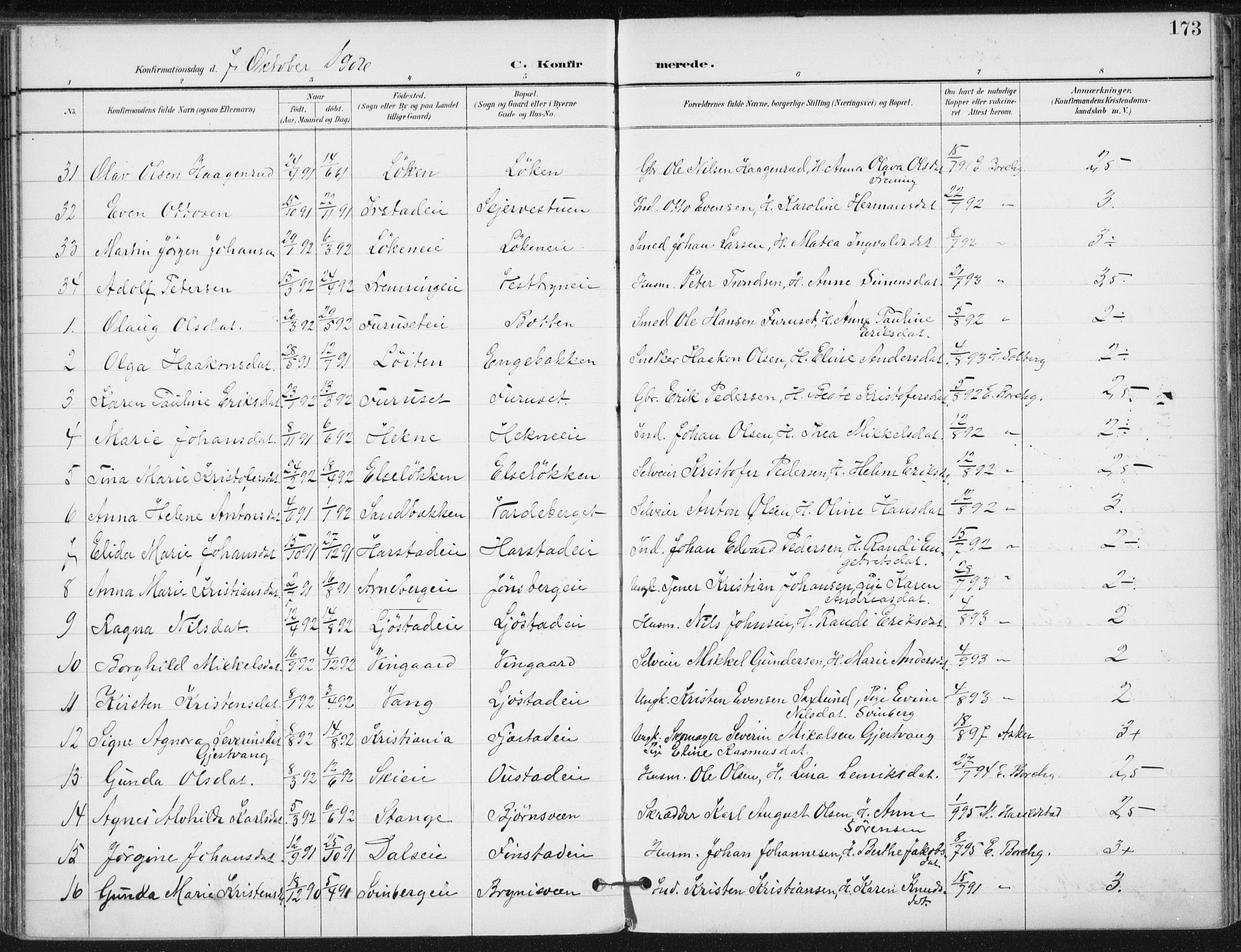 Romedal prestekontor, AV/SAH-PREST-004/K/L0011: Parish register (official) no. 11, 1896-1912, p. 173