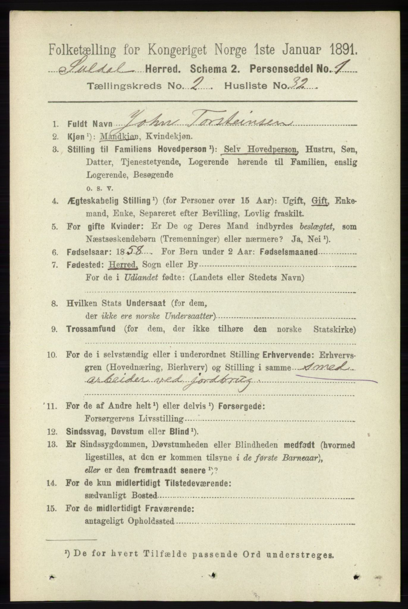 RA, 1891 census for 1134 Suldal, 1891, p. 424