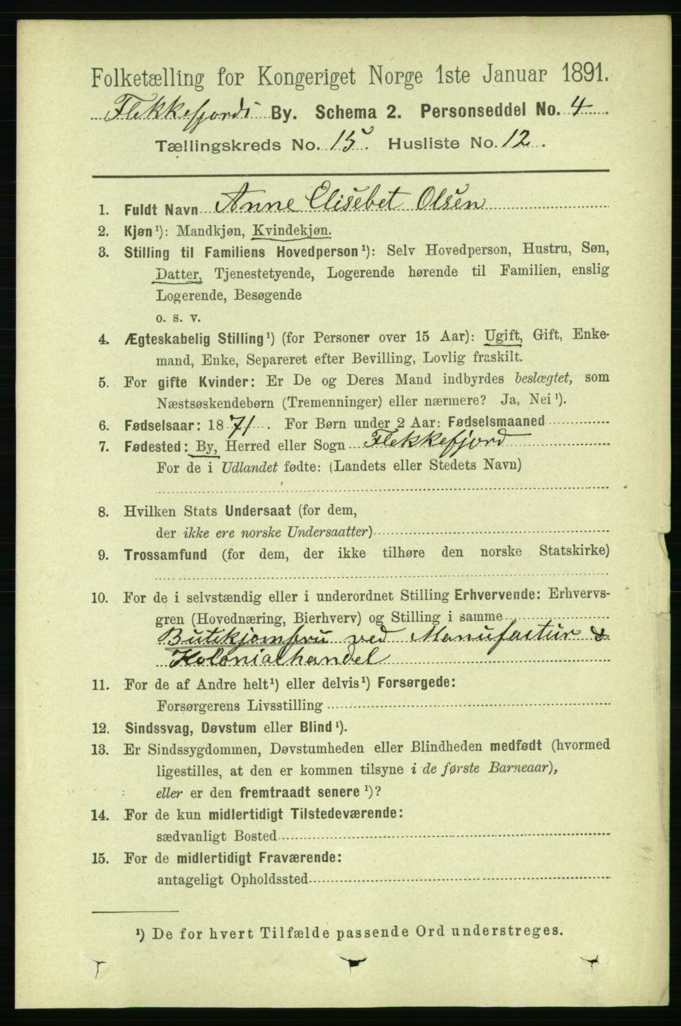 RA, 1891 census for 1004 Flekkefjord, 1891, p. 1996