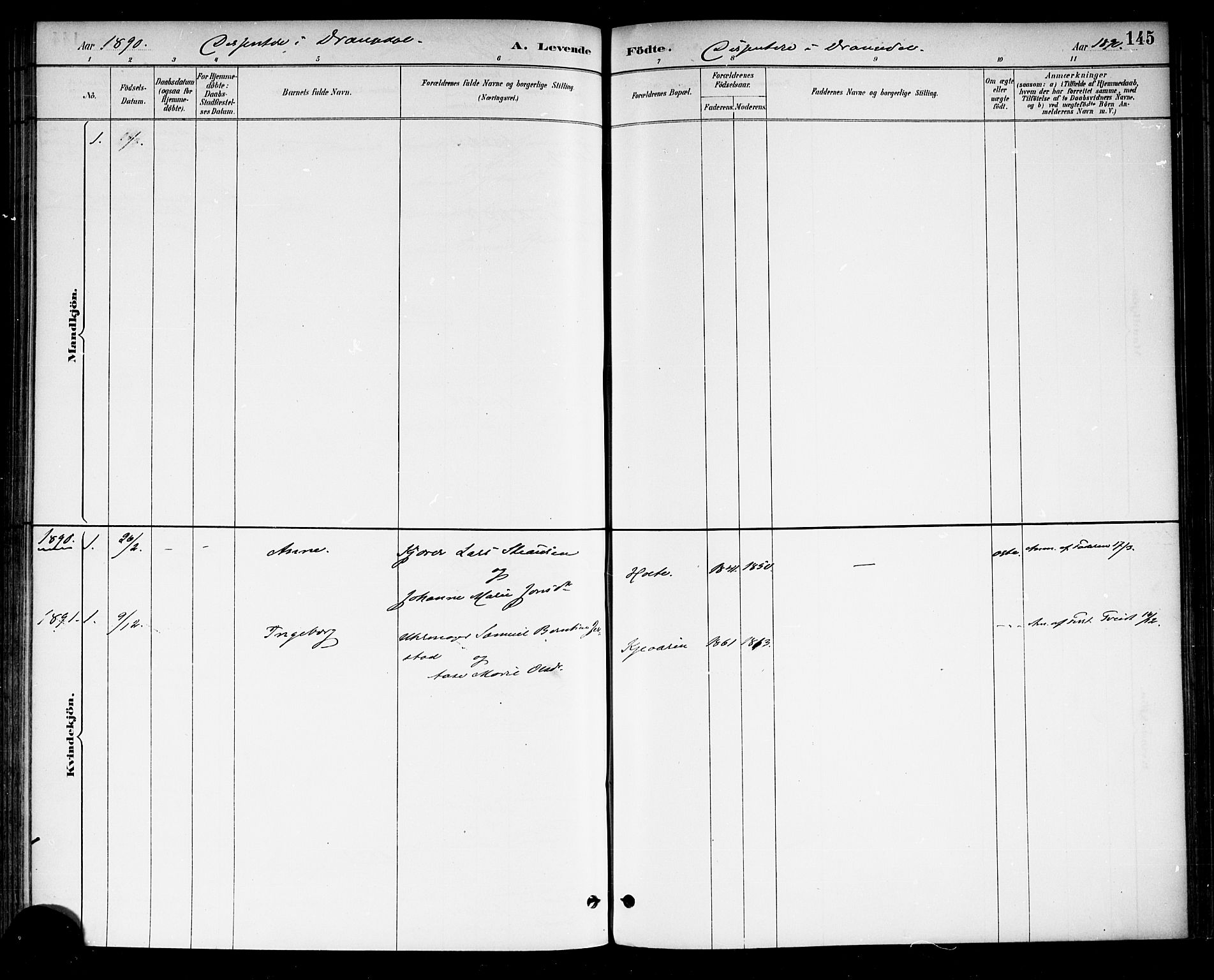 Drangedal kirkebøker, SAKO/A-258/F/Fa/L0010: Parish register (official) no. 10 /1, 1885-1894, p. 145