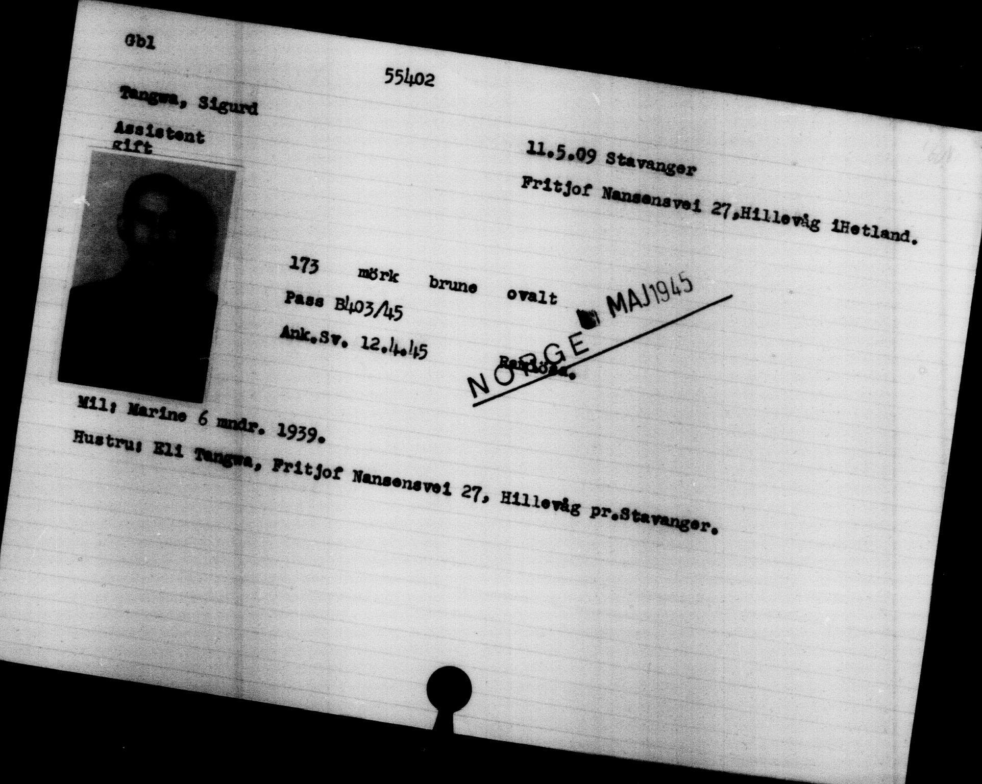 Utenriksstasjonene, Legasjonen i Stockholm, Flyktningkontoret, AV/RA-S-6753/V/Va/L0020: Kjesäterkartoteket, flyktninger med registreringsnr. 55000-58245, 1940-1945, p. 405