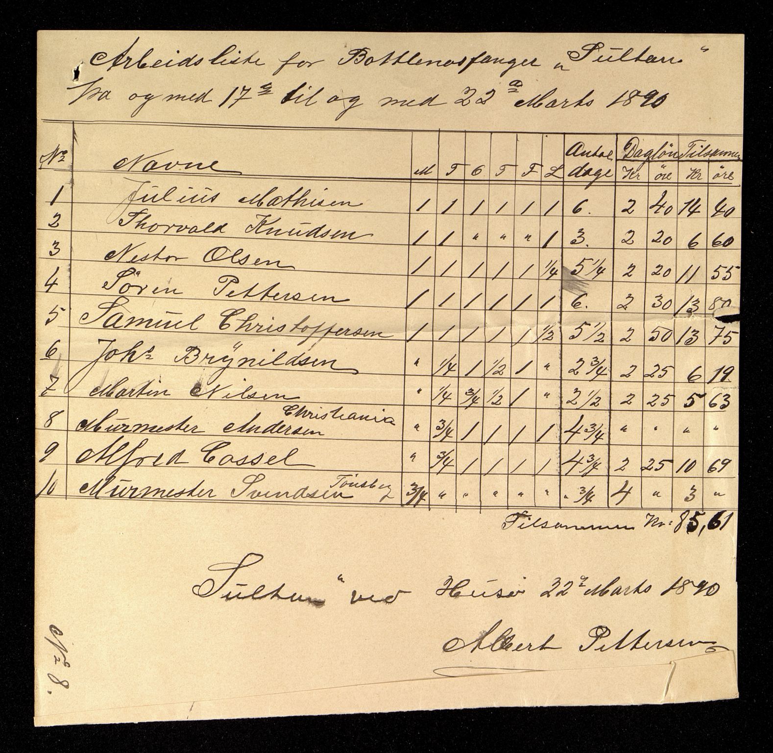 Pa 667 - Sultans Rederi, Tønsberg, VEMU/A-1776/Y/Yb/L0001: Arbeidslister, 1890-1892