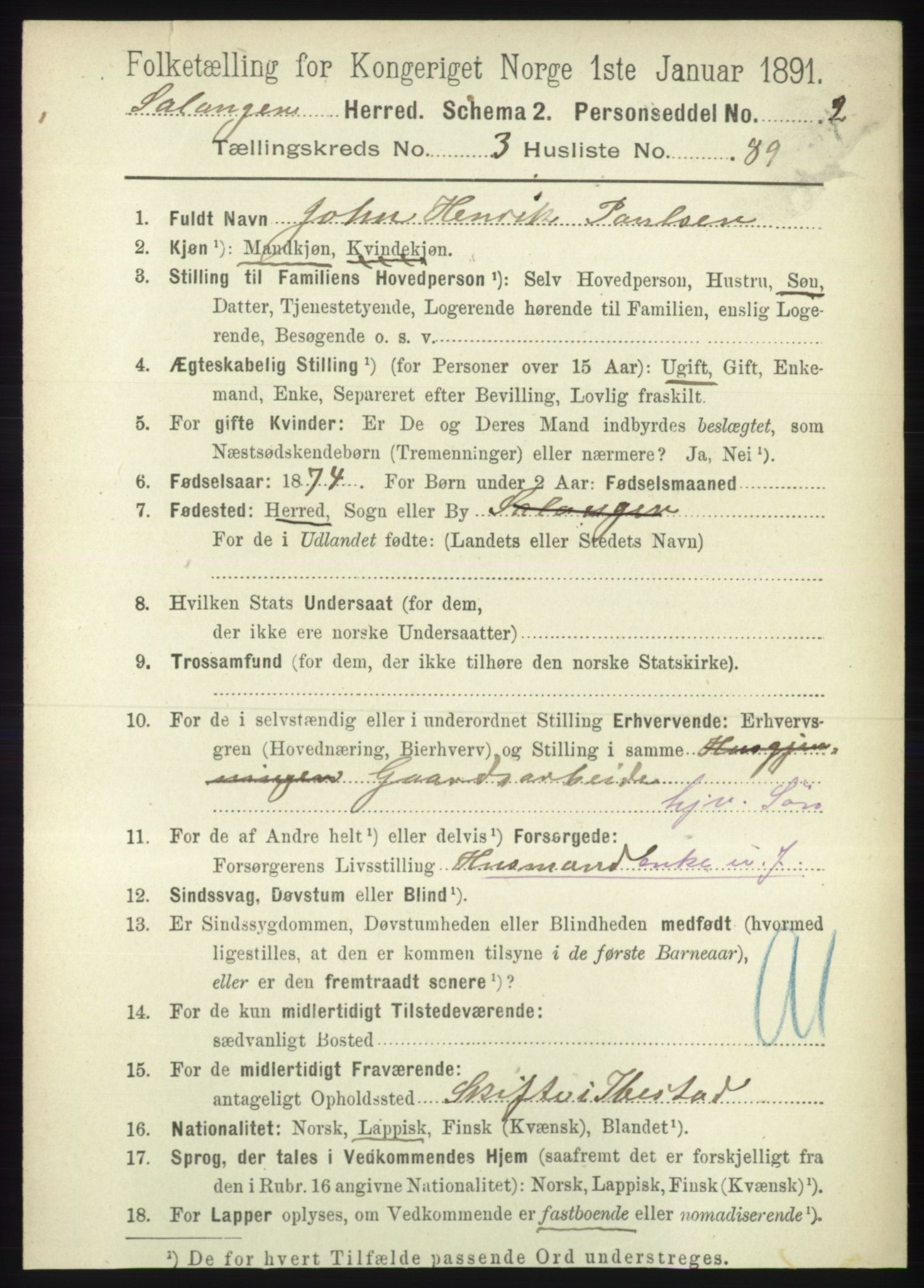 RA, 1891 census for 1921 Salangen, 1891, p. 1732