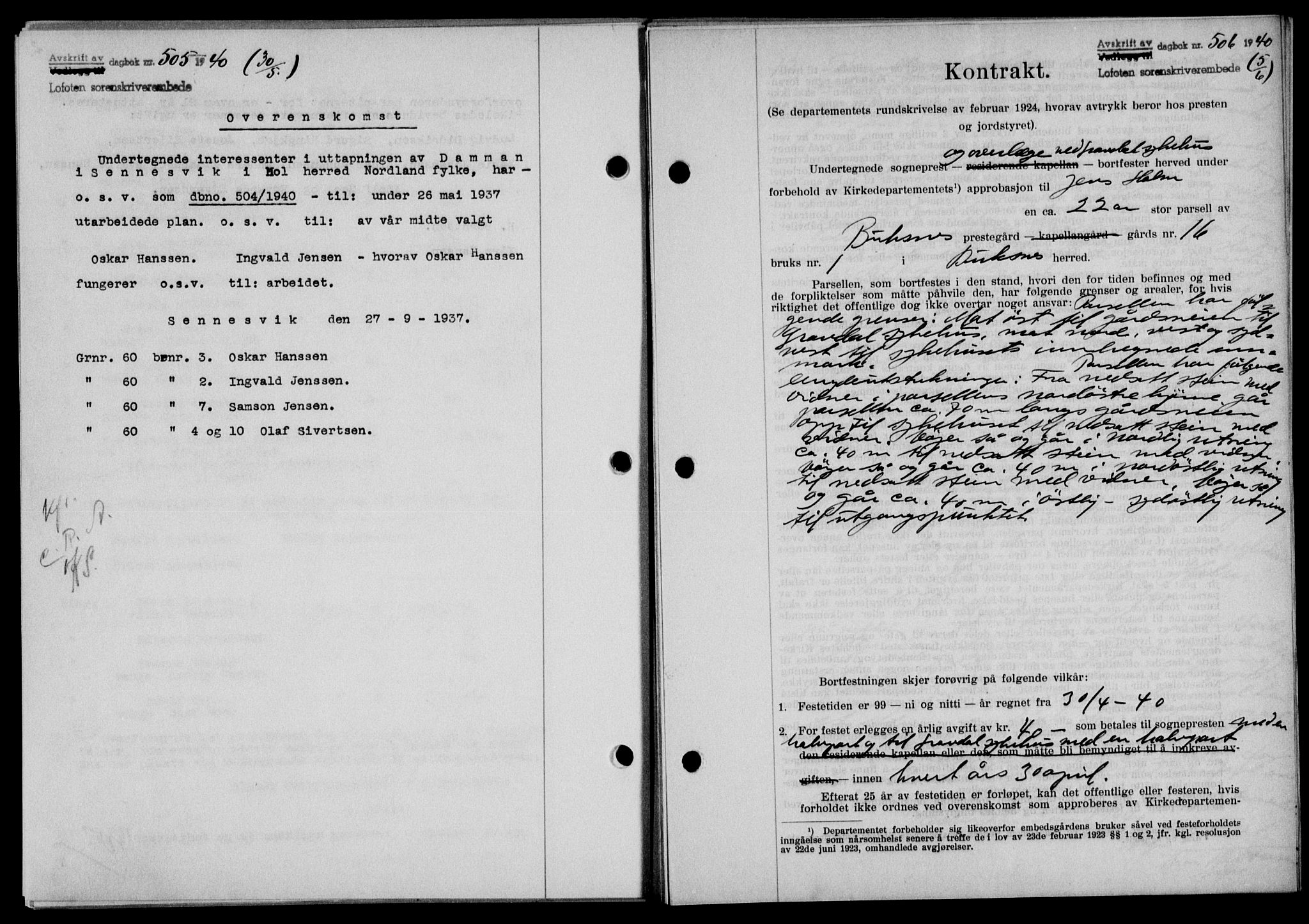 Lofoten sorenskriveri, SAT/A-0017/1/2/2C/L0007a: Mortgage book no. 7a, 1939-1940, Diary no: : 506/1940