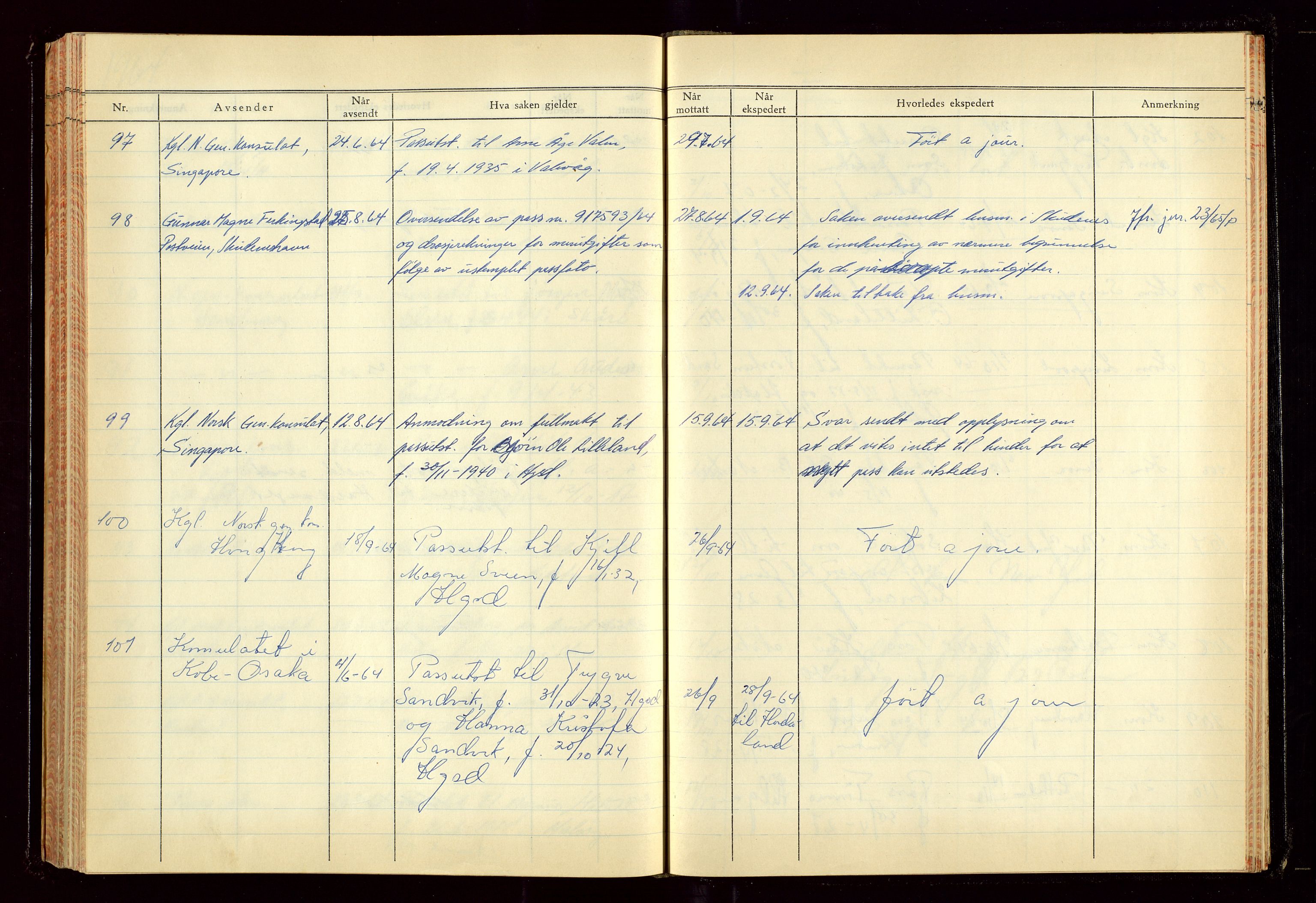 Haugesund politikammer, AV/SAST-A-100440/K/L0007: Passjournal (16 12 53-07 1065), 1953-1965, p. 199